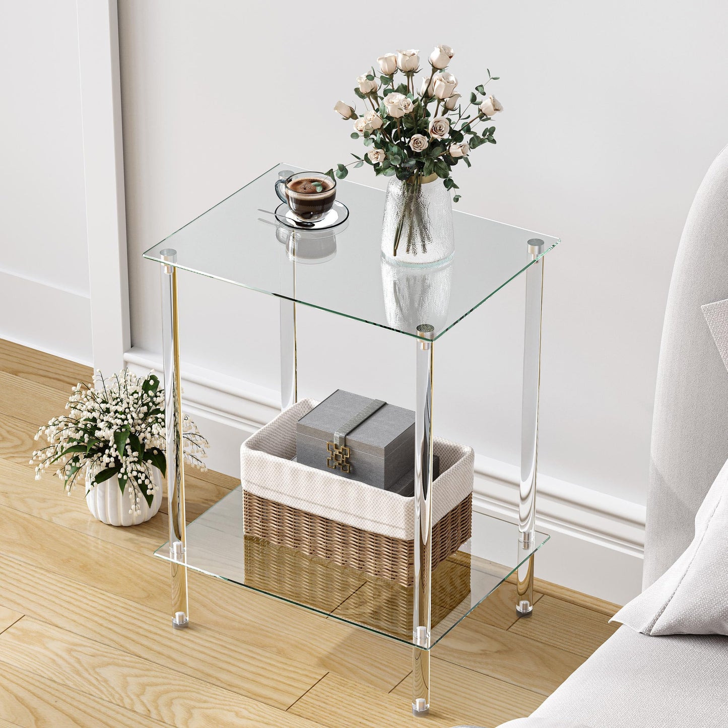 Tempered Glass Side Tables Set of 2 Acrylic End Table with 2 Storage Shelve transparent Bedside simplicity clear 2-Tier Nightstands small Spaces Office Bedroom Living Room Study Transparent ET-008TR