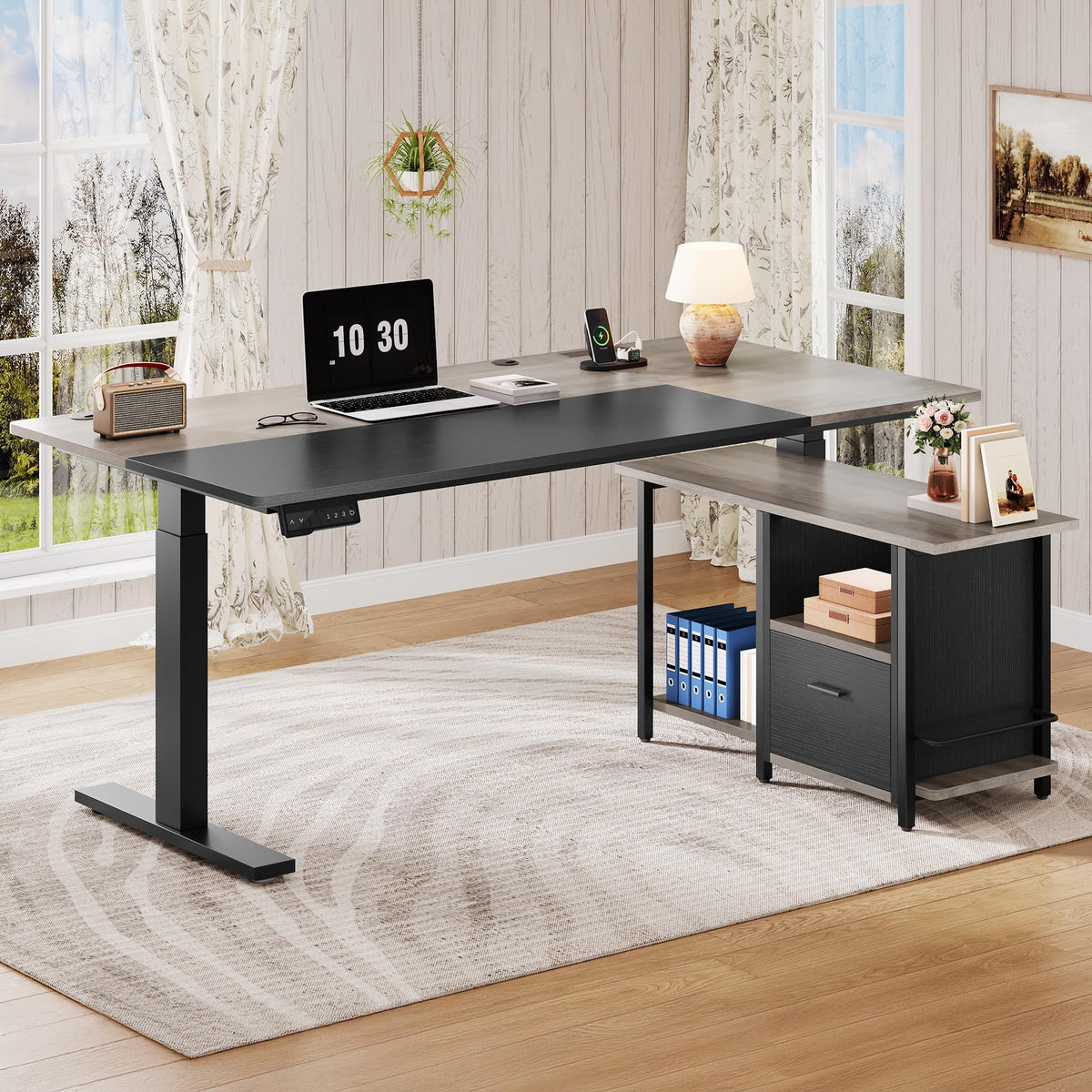 YITAHOME L Shaped Standing Desk with Power Outlets, 70.1" Electric Standing Desk Adjustable Height Sit Stand Corner Standing Desks Executive Desk with Drawers & Shelves, Grey + Black