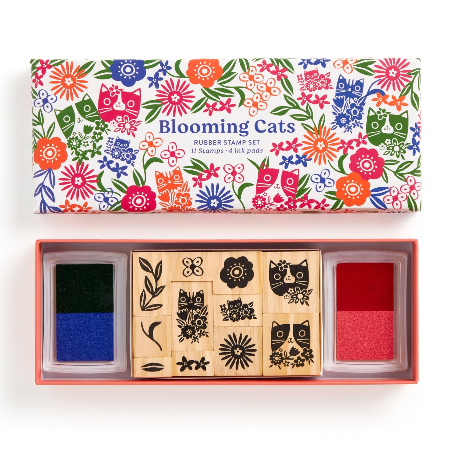 Galison Blooming Cats – Rubber Stamp Set Includes 4 Beautiful Colored Ink Pads and 11 Unique Cat Themed Wooden Stamp Blocks