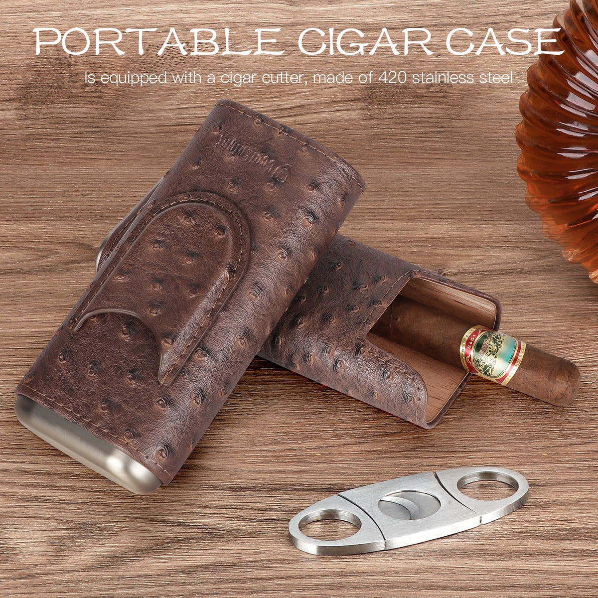 COOL KNIGHT Leather Cigar Case - Cedar Wood Lining Travel Humidors for Cigars - Cigar Accessories Include Stainless Steel Cigar Cutter - Cigar Gift Box for Cigar Lovers (Ostrich Texture)