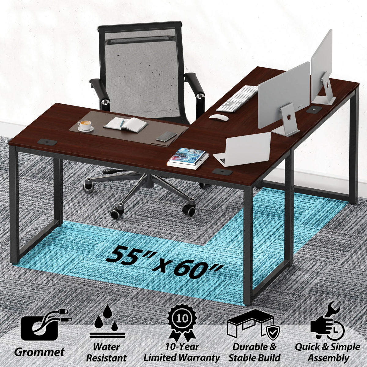 SHW 55 x 60 Inches Commercial-Grade L-Shape Corner Office Computer Desk, Cherry