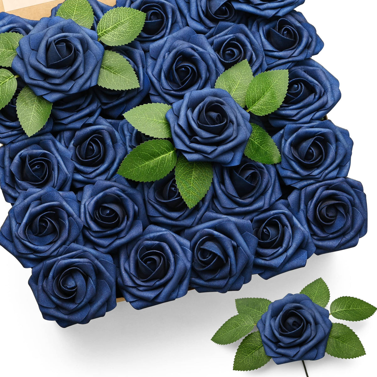 Mocoosy 50Pcs Roses Artificial Flowers, Navy Blue Fake Roses for Decorations, Real Touch Foam Rose Bulk with Stems DIY Wedding Bouquet Bridal Shower Mother's Day Floral Arrangement Party Home Decor
