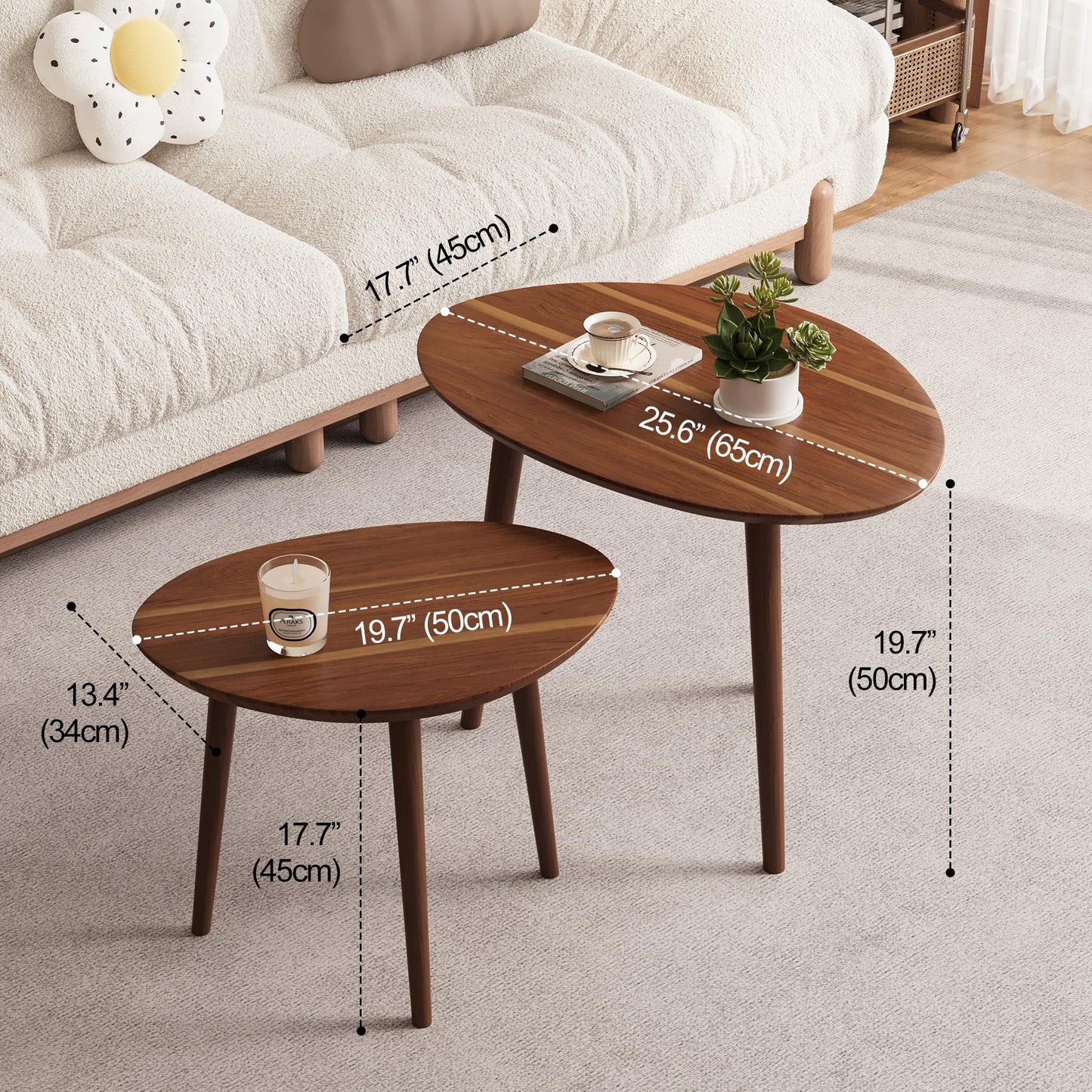 Semjar Small Oval Coffee Tables Set,Acacia Wood Nesting Tables（25.6"x17.7"+17.7"x13.4" for Living Room Small Spaces Office,Easy Assembly Wooden Minimalist Walnut Mid Century Modern Coffee Table