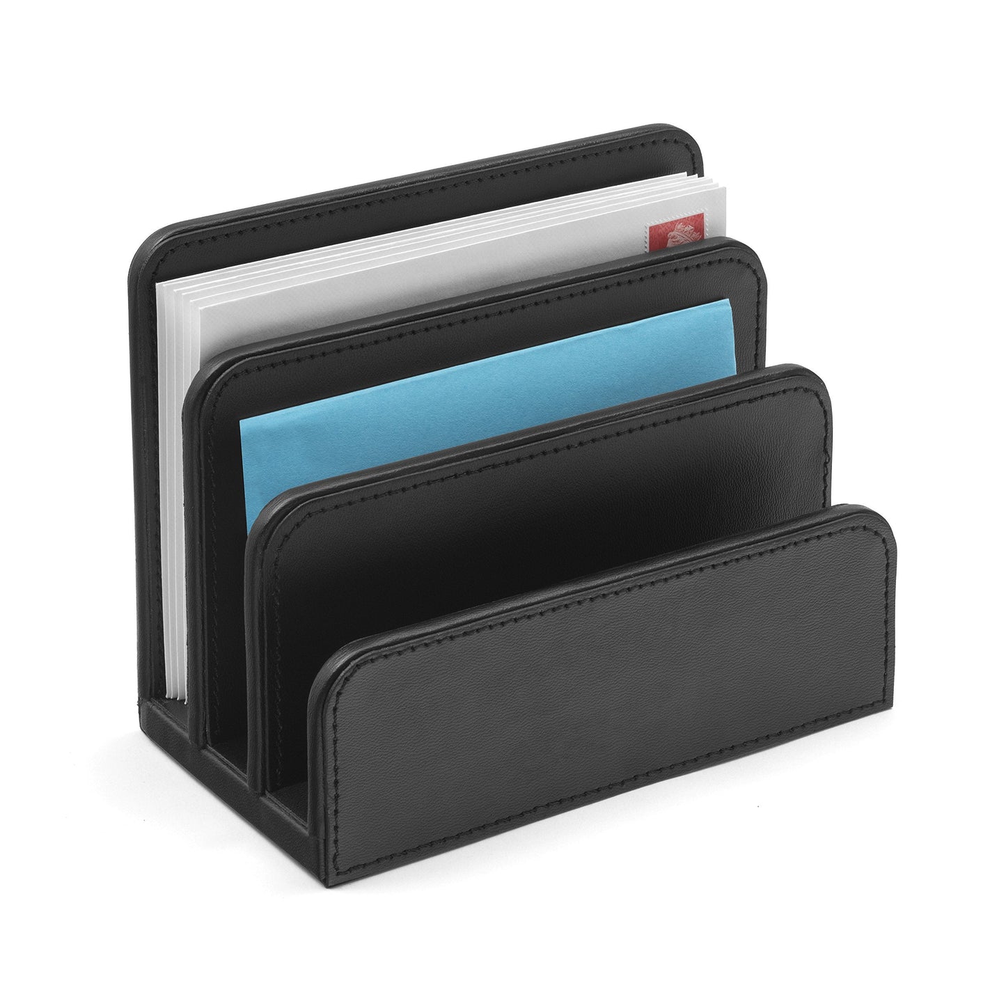 OSCO Black Faux Leather Letter Holder | Mail Sorter | Post Rack | Envelope Organiser | Document Stand | Desk File Storage | Display Slots | H14 x W17.5 D10 cm |