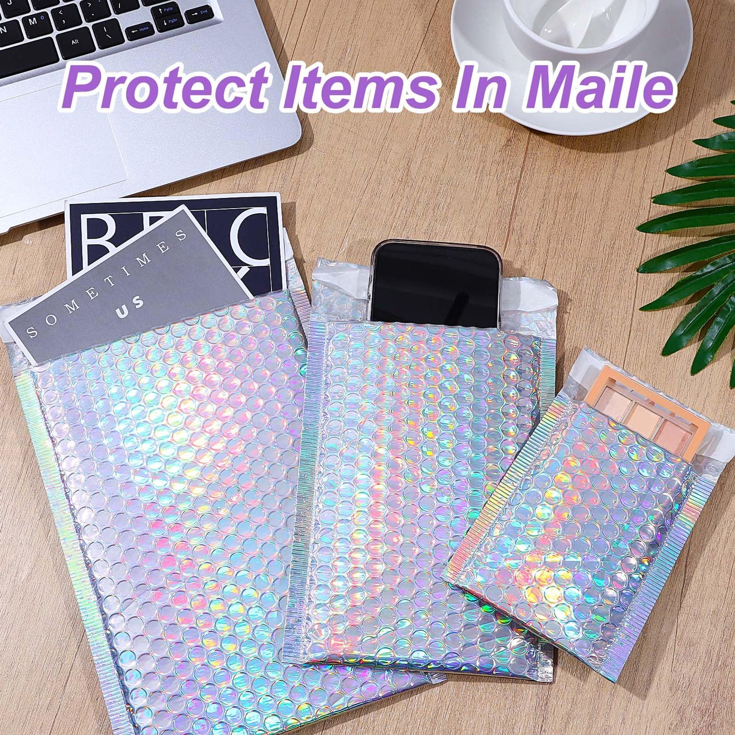 50 Pack Bubble Mailers, Holographic Bubble Mailers with 3 Sizes, Waterproof Self Seal Adhesive Foil Glitter Glamour Shipping Bags for Mailing, Packing, Small Business, Jewelry Makeup Supplies