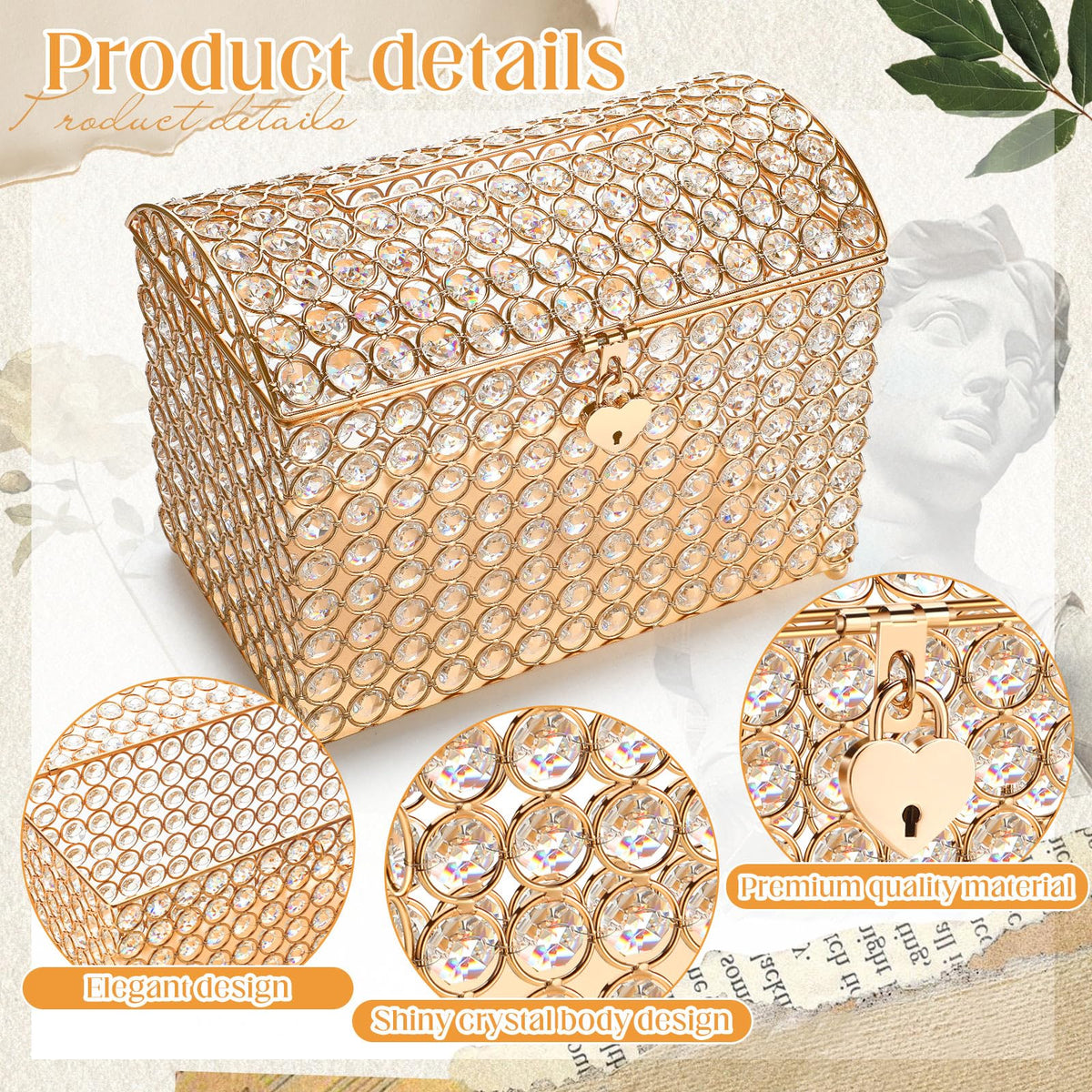 Nitial Crystal Wedding Card Box with Heart Lock 11in Wedding Money Box Treasure Chest Gold Bead Card Receiving Memory Storage for Reception Brithday Graduation Baby Shower Party (Elegant Style)
