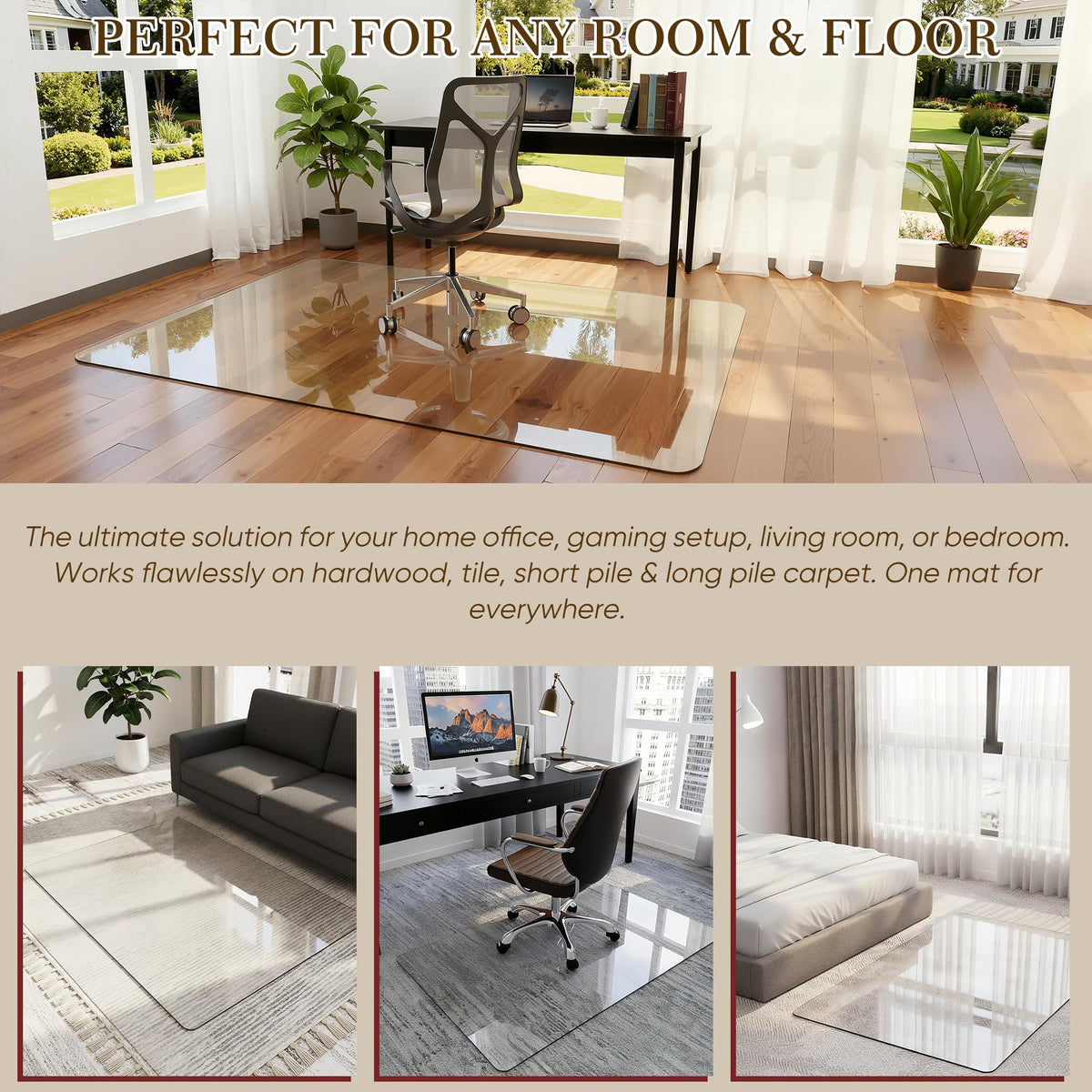 Homsion 36"x48" Tempered Glass Office Chair Mat for Carpet & Hardwood Floor, 1/6" Thick Clear Floor Protector Desk Chair Mat with Rounded and Polished Edges