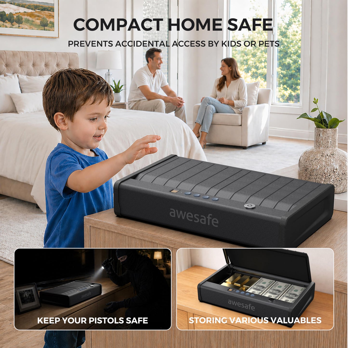 awesafe Biometric Gun Safe for Pistol, 3 Ways Quick Access with Fingerprint Digital PIN Key, Portable Handgun Safe for Nightstand Bedside Cloakroom Living Room (XL Biometric Gun Safe with Fingerprint)