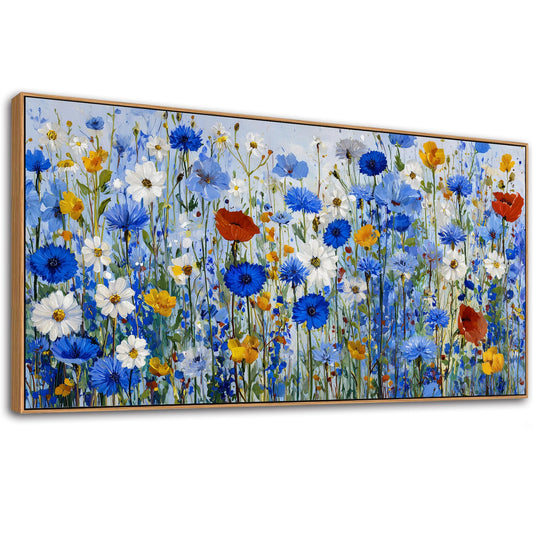 KZKU Blue Floral Wall Art Wildflower Canvas Print Frame Ready to Hang Vibrant Flowers Artwork Botanical for Living Room Bedroom Office Hallway & Bathroom Decor 20x40inch