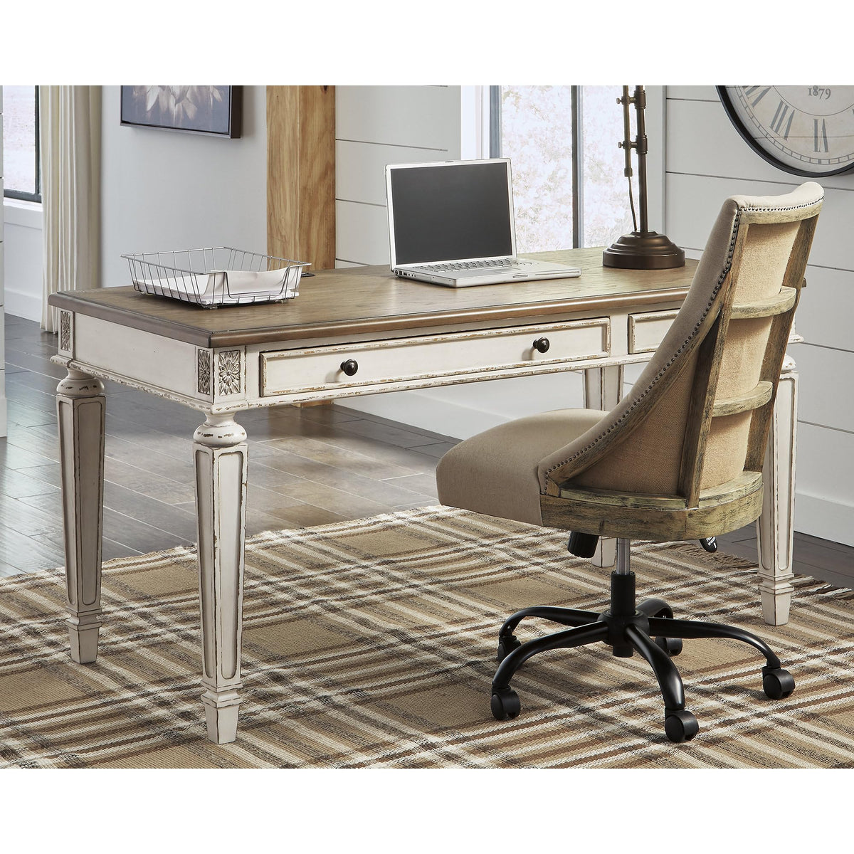 Signature Design by Ashley Realyn Farmhouse Home Office Desk, 2 Drawers, Drop-down Drawer, USB Charging, Wood, 60" W x 28" D x 31" H, Chipped White and Brown