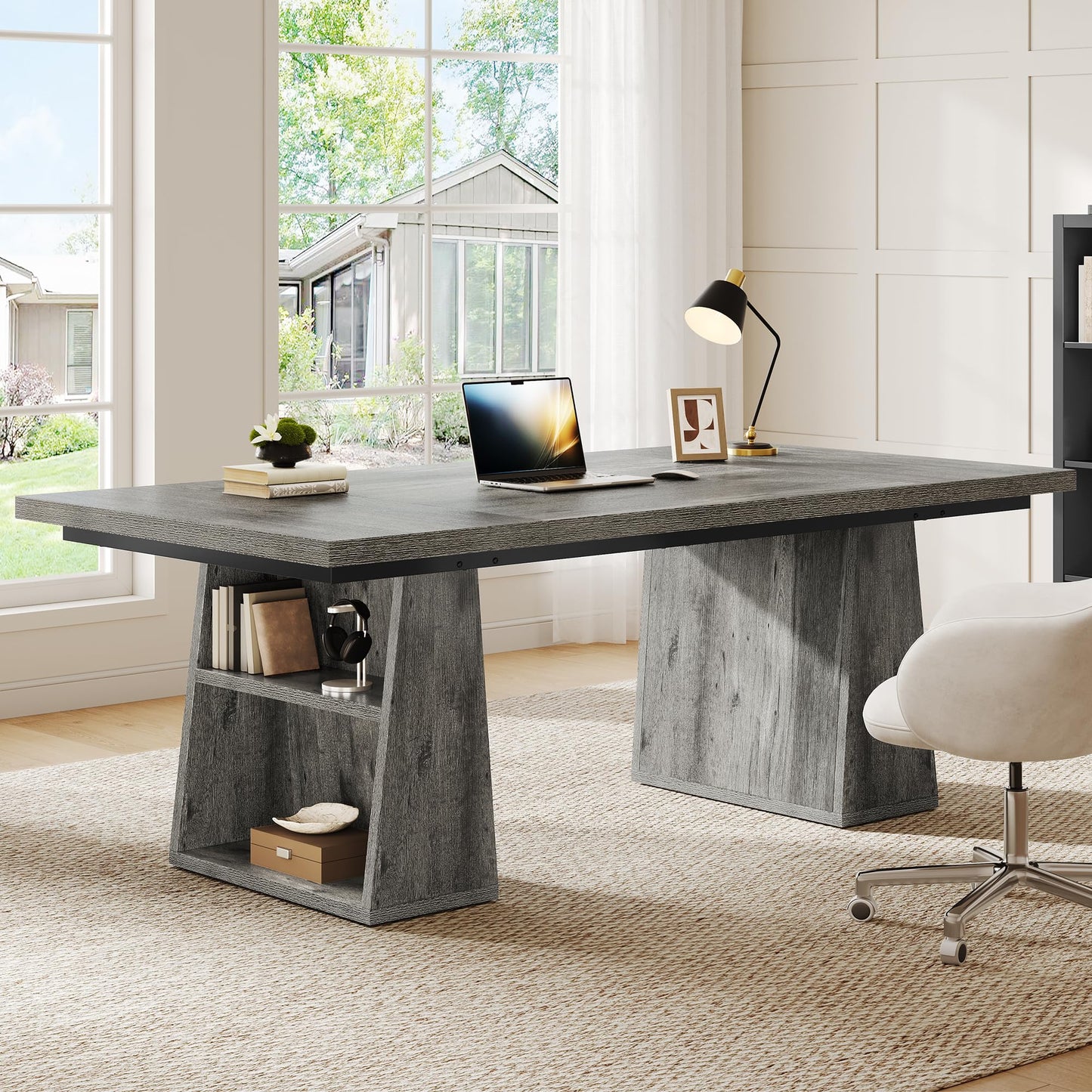 YITAHOME 63" Executive Desk, Large Office Desk Computer Desk with Double Pedestal and Storage Shelves, Wood Simple Workstations Writing Table Conference Table Business Furniture for Home Office, Grey