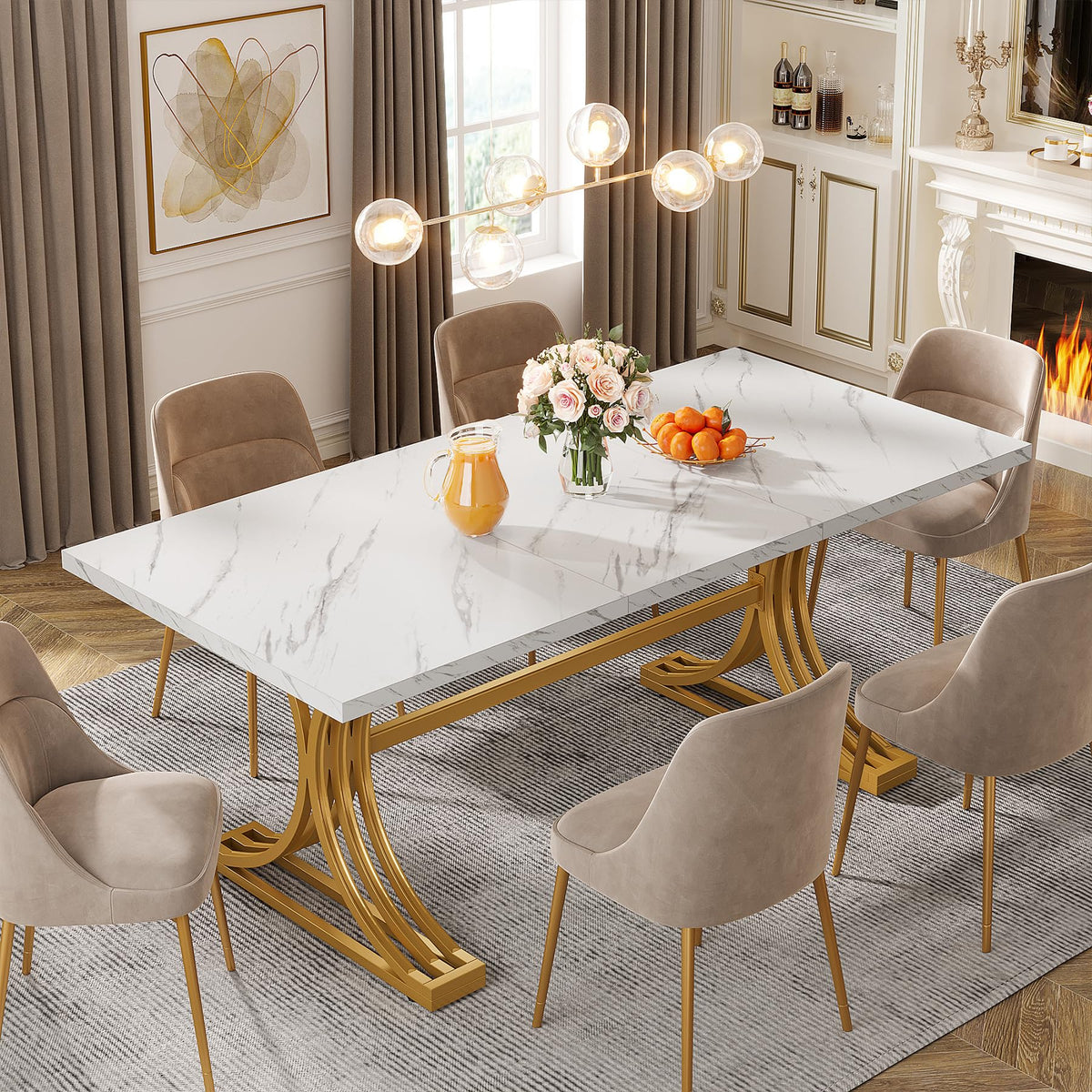 Tribesigns 63-Inch Rectangular Dining Table for 4 to 6, Modern Kitchen Tables with Stylish Metal Trestle Legs, Large Dinner Tables for Dining Room, Only Table (White+Gold)