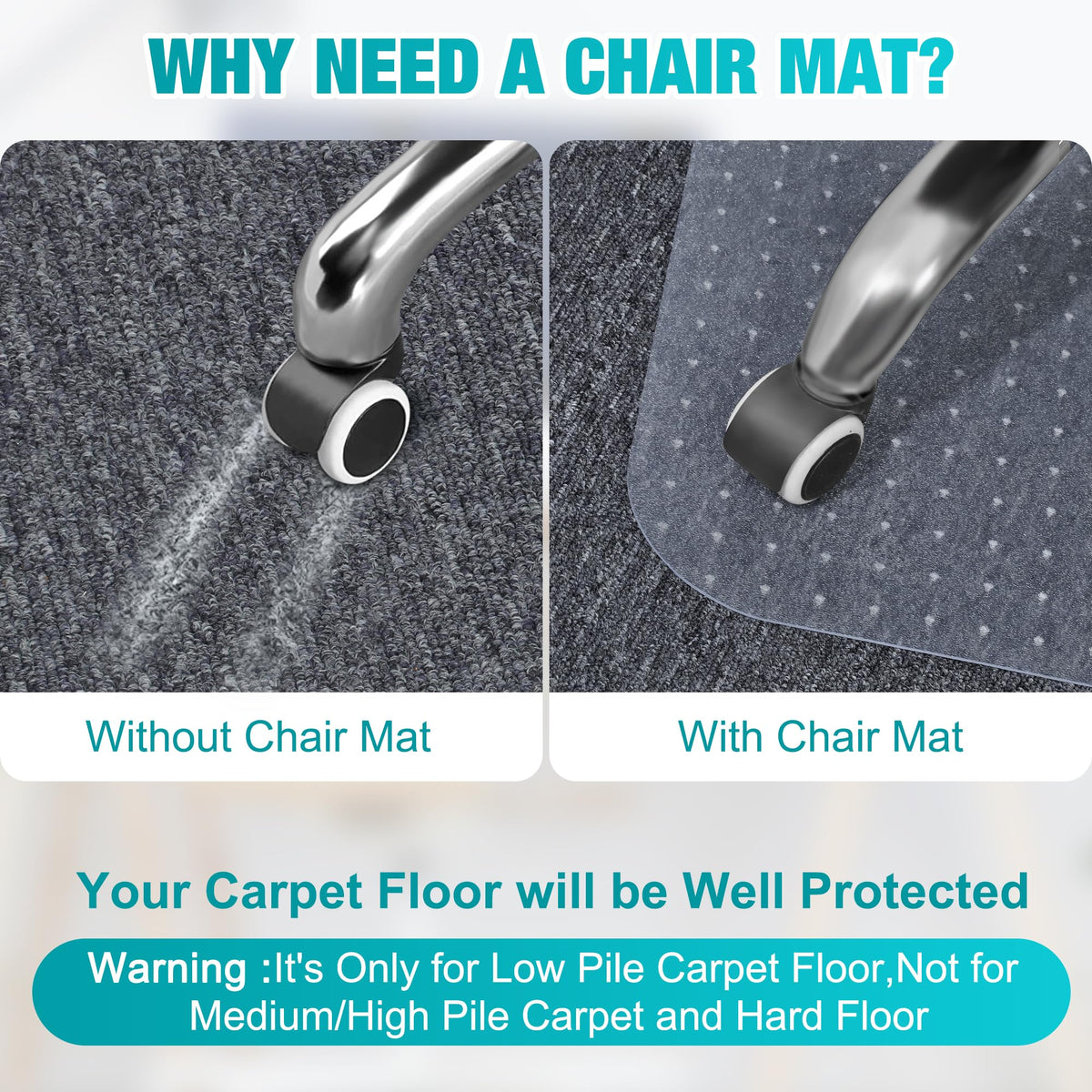 BesWin Extra Large Office Chair Mat for Carpeted Floors, 46" x 72" Transparent Desk Mat for Low Pile Carpet, Smooth Glide Computer Desk Chair Mat for Home, Office (Rectangle)