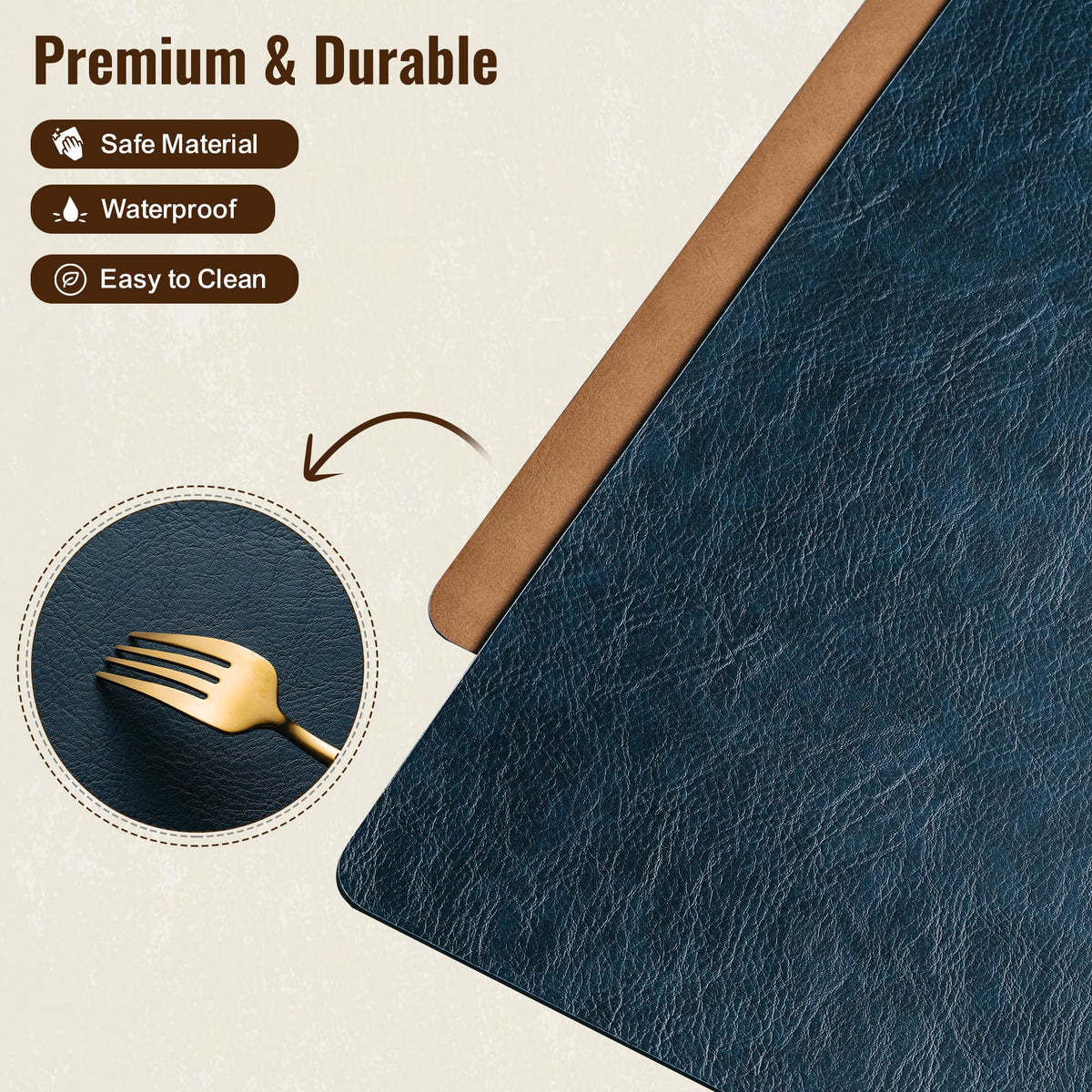 Placemats Set of 6, DOLOPL Reversible Dual-Color Faux Leather Place Mats 17"x11.8"– Waterproof, Heat Resistant, Washable & Wipeable, Luxury Retro Style for Kitchen, Dining Table (Camel/Navy Blue)