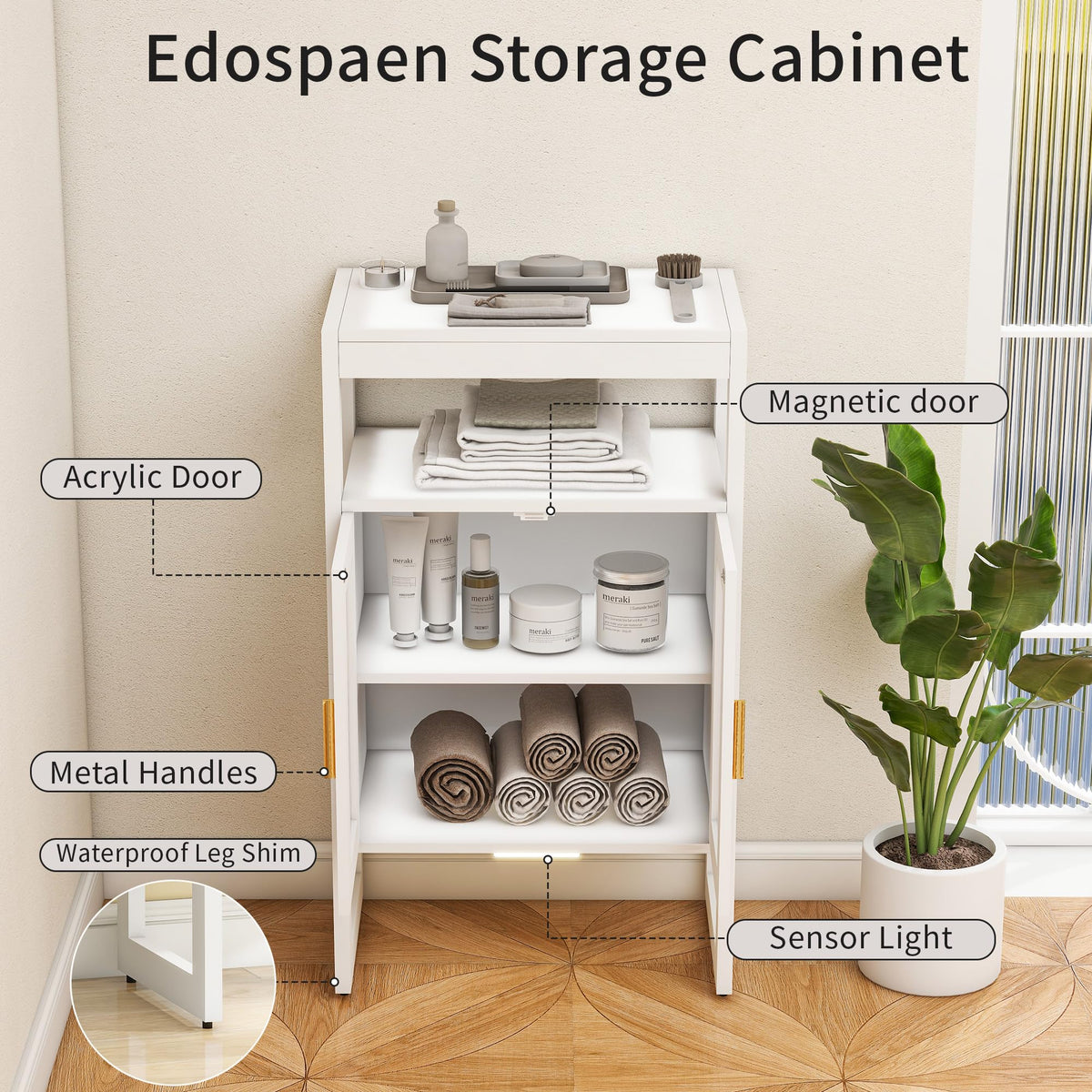 Edospaen Bathroom Floor Storage Cabinet Freestanding Organizer with Sensor Light & Acrylic Doors for Bathroom, Home Office, Bedside, Sofa Side Table