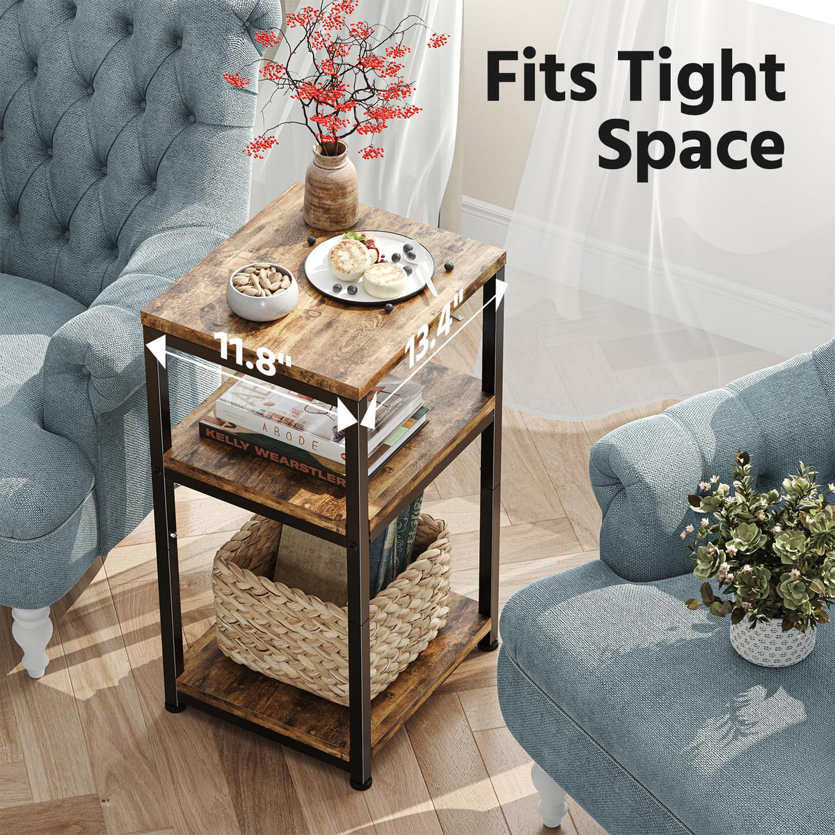 Simple Trending Side Table, End Table Night Stand, 3 Tiers Shelf for Living Room, Rustic Brown