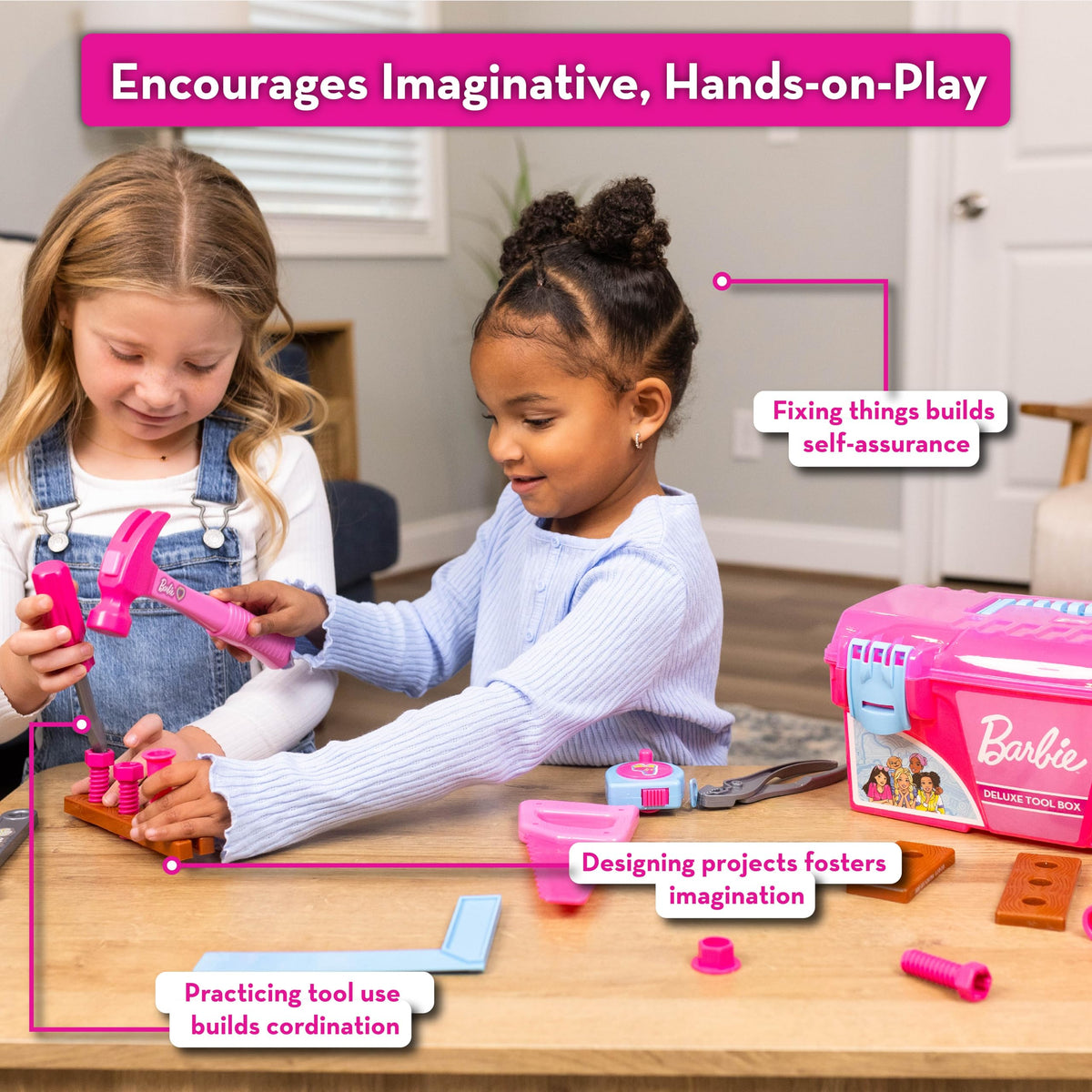 Barbie Tool Box Playset – 18 Piece Deluxe Tool Set, Pretend Play Construction Tools with Tape Measure, Girls Pink Tool Box with Handle, Perfect Preschool Role Play Toy for Kids