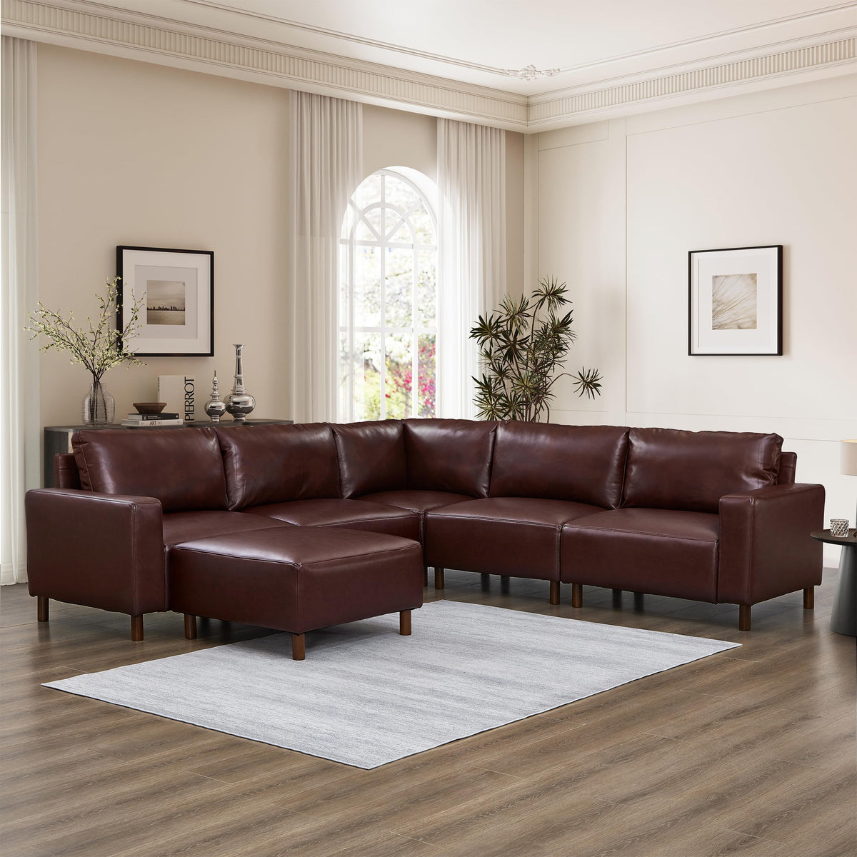 KEIKI PU Leather Sectional Couch Sofa Set with Ottoman, Luxury 6 Seater U-Shaped Sleeper Cloud Couches Bed, Comfy Modular Convertible L-Shaped Sofabed for Office Living Room, Easy Assembly, Burgundy