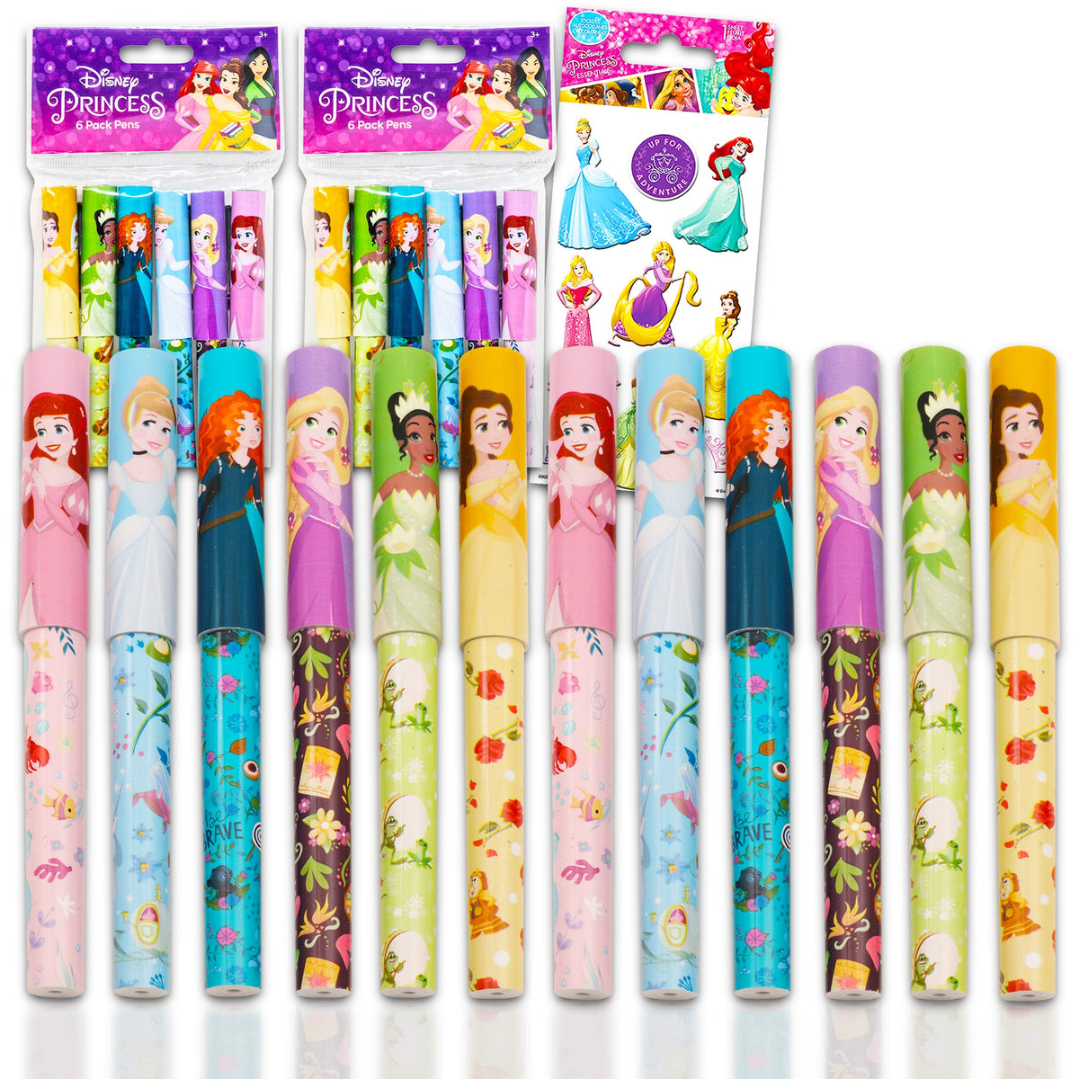 Disney Princess Pens Value Bulk Set Bundle - 12 Pack Princess Ballpoint Pens with Stickers (Princess School Supplies, Office Supplies, Party Favors)