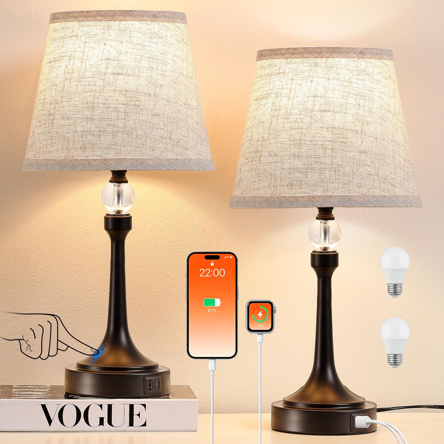 Leasgy 19.7'' Touch Table Lamps for Living Room, Small Lamp for Bedroom with USB C+A Ports, Dimmable Touch Lamps Set of 2, Reading Desk Lamp for Office, Metal Bedside Lamps, Bulbs Included, Black