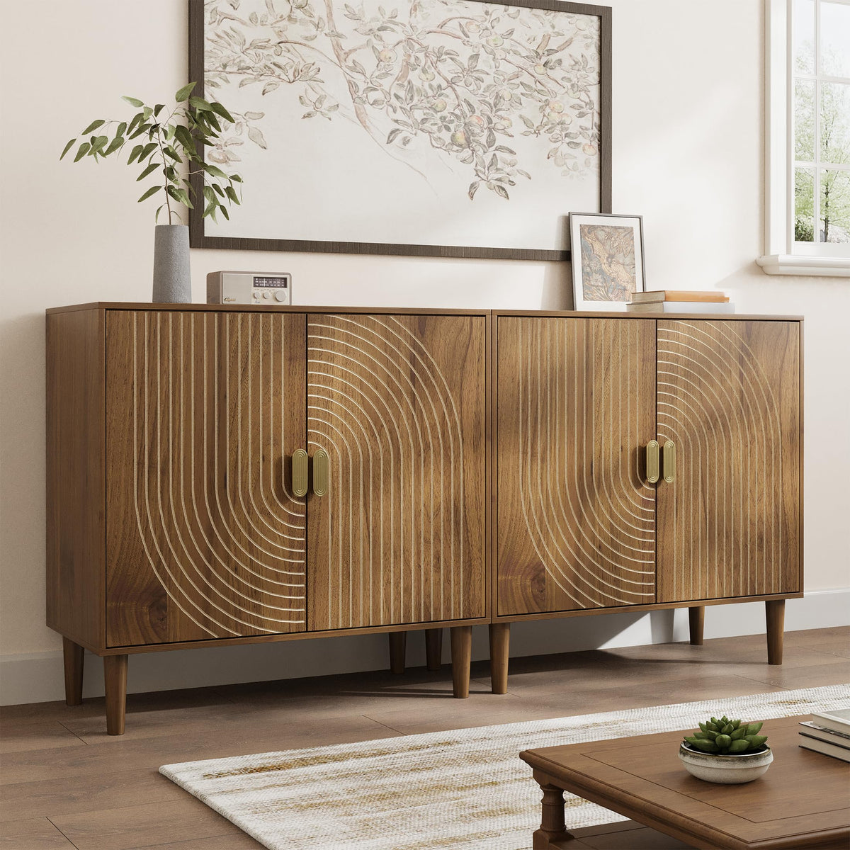 Smuxee Walnut Sideboard Cabinet, Freestanding Buffet Cabinet with Line Groove Design, Wood Storage Cabinet with Adjustable Shelf for Living Room, Entryway, Hallway