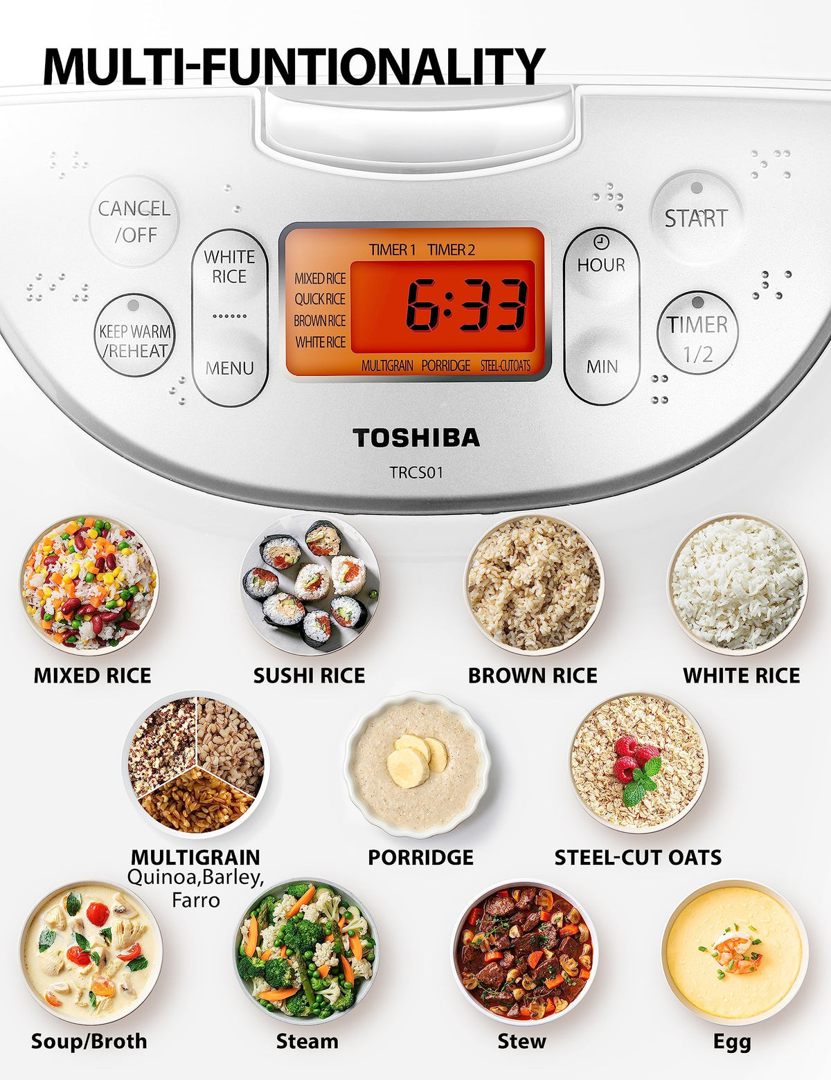 Toshiba Rice Cooker 6 Cup Uncooked – Japanese Rice Cooker with Fuzzy Logic Technology, 7 Cooking Functions, Digital Display, 2 Delay Timers and Auto Keep Warm, Non-Stick Inner Pot, White