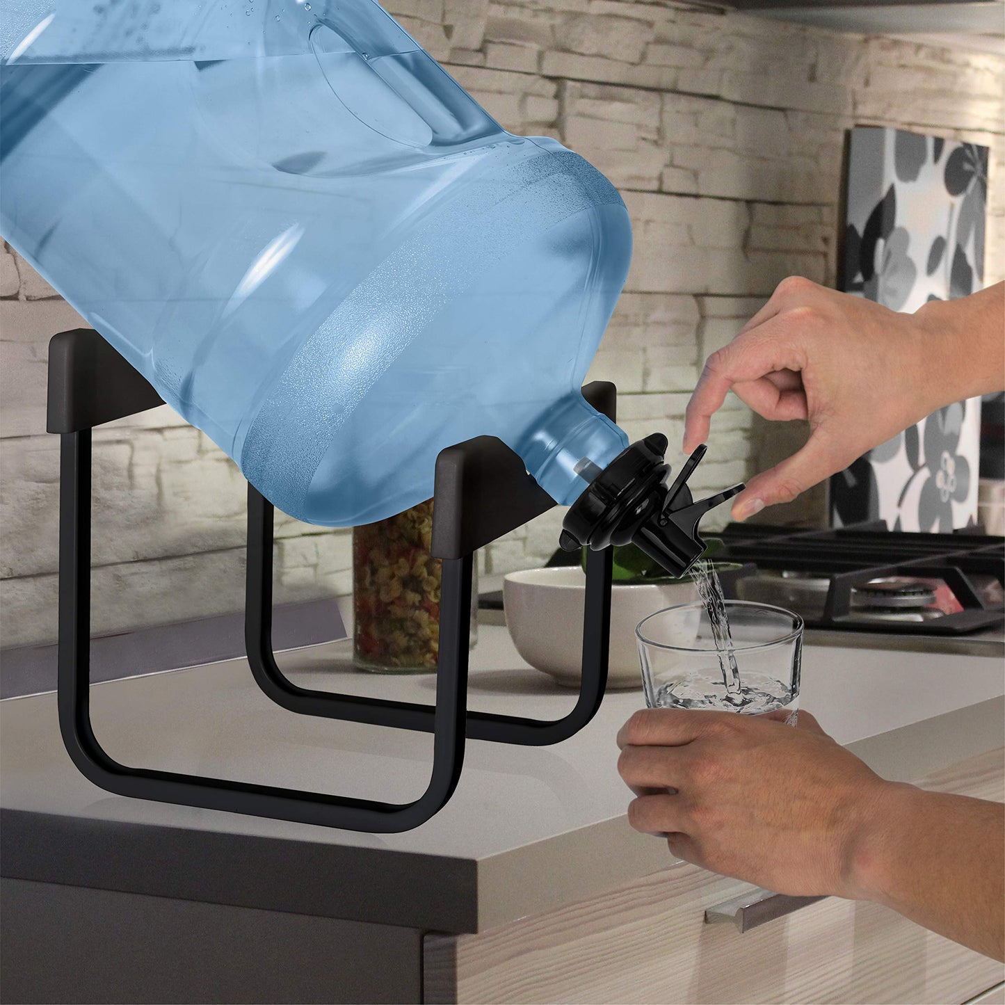 Brio Stainless Steel 3-5 Gallon Water Jug Stand and 2 Dispenser Valves, Rust-Resistant Non Slip Water Stand with BPA Free Fast Flow Water Spout Fits BOTH 48mm and 55mm Bottles 2 CAPS INCLUDED (Black)