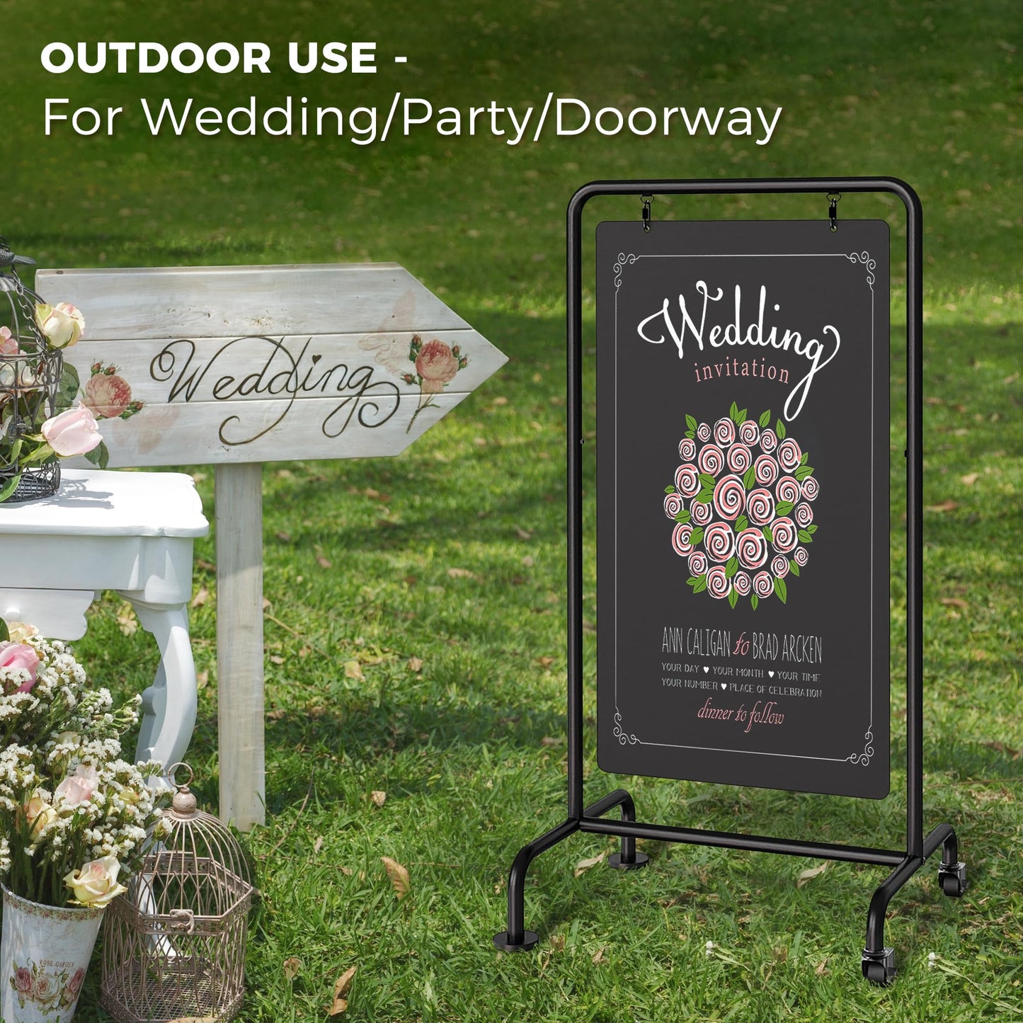 SELEAD Metal Swinging Chalkboard with Wheels - 40" x 20" Double Sided Rolling Sidewalk Chalk Board Easel Sign, Large Outdoor Indoor Menu Message Sandwich Pizarra for Business, Wedding, Cafe