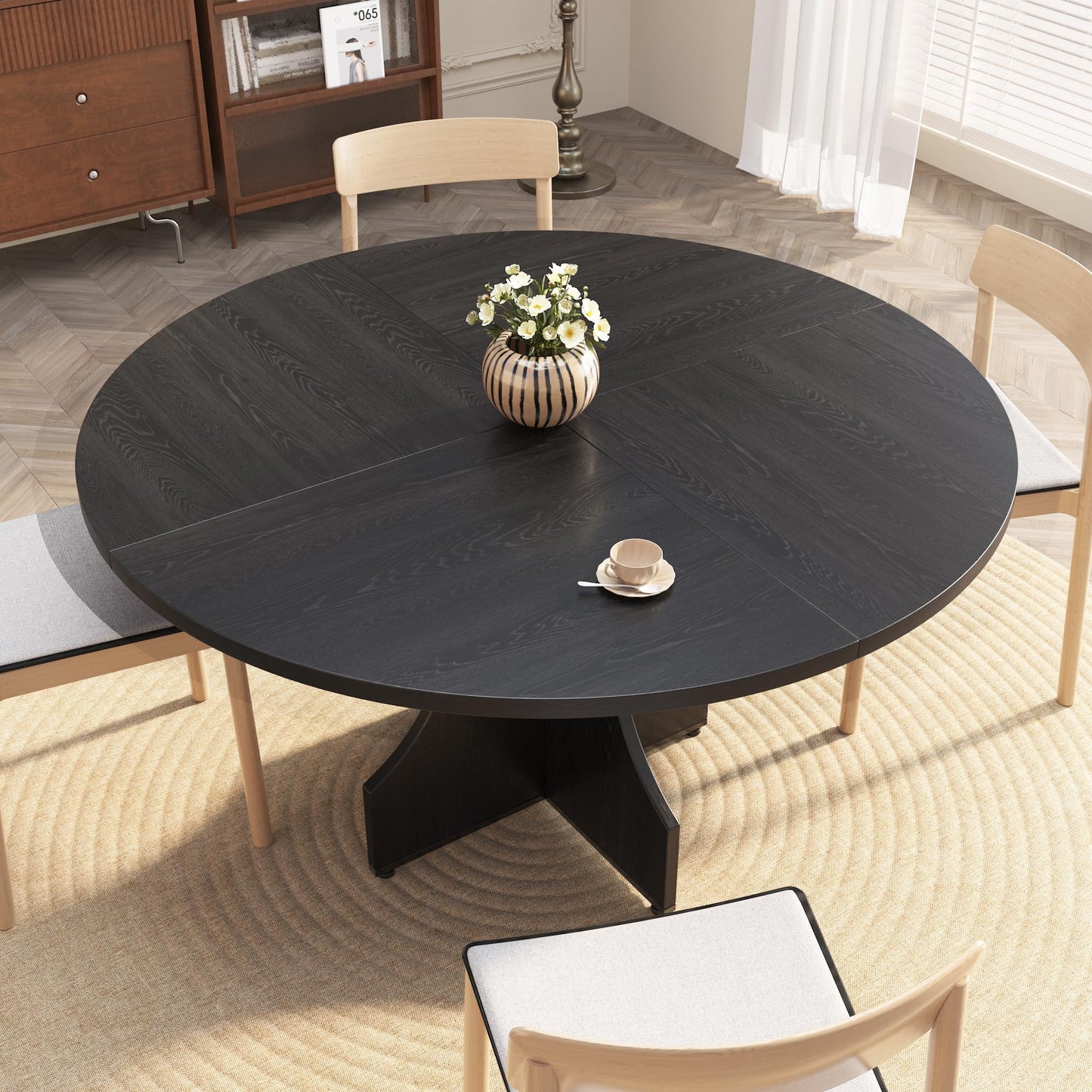 Round Dining Table 47 Inch for 4-6 People, 0.98 Inch Thick Tabletop with Adjustable Feet, Sturdy Legs, Easy to Clean & Assemble, Modern Kitchen Dining Room Table for Small Space Apartment, Black