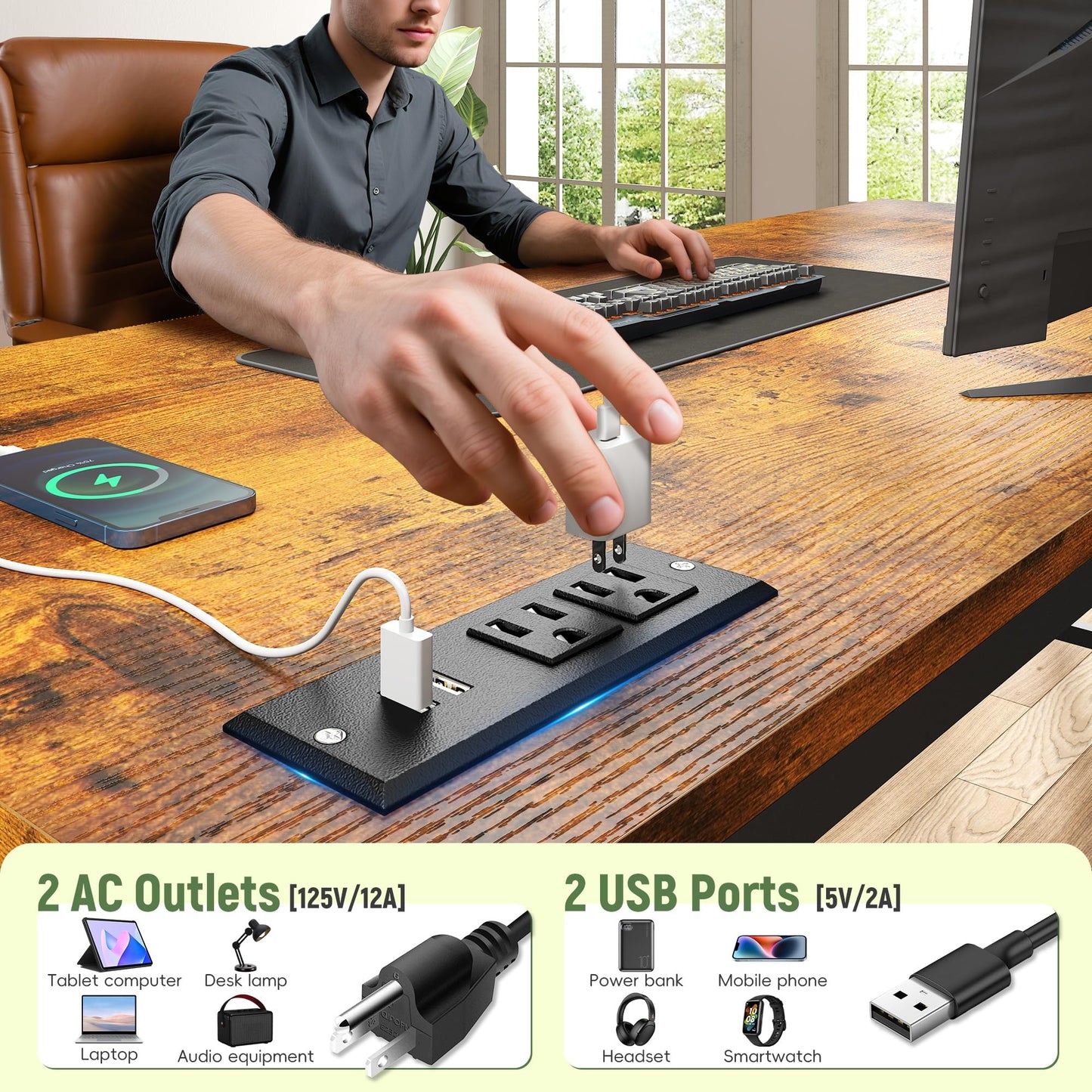 DurayLoly 39.3Inch Office Desk with Power Outlet & Drawer, Gaming Desk with CPU Stand& LED Lights,Computer Desk with Ergonomic Monitor Stand for Small Space,Rustic Brown