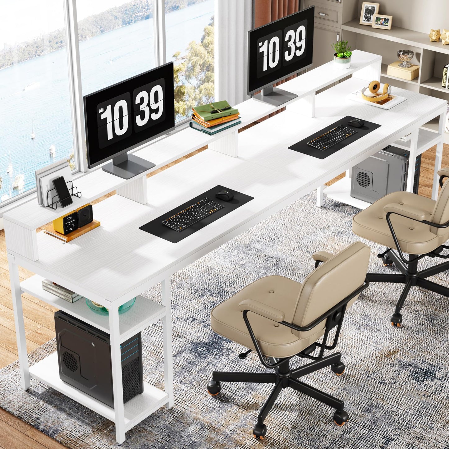 Tribesigns Two Person Desk with Monitor Stand, 78.74" Long Double Computer Office Desk with Storage Shelves, Large Gaming Desk Study Writing Table Workstation for Home Office (White)