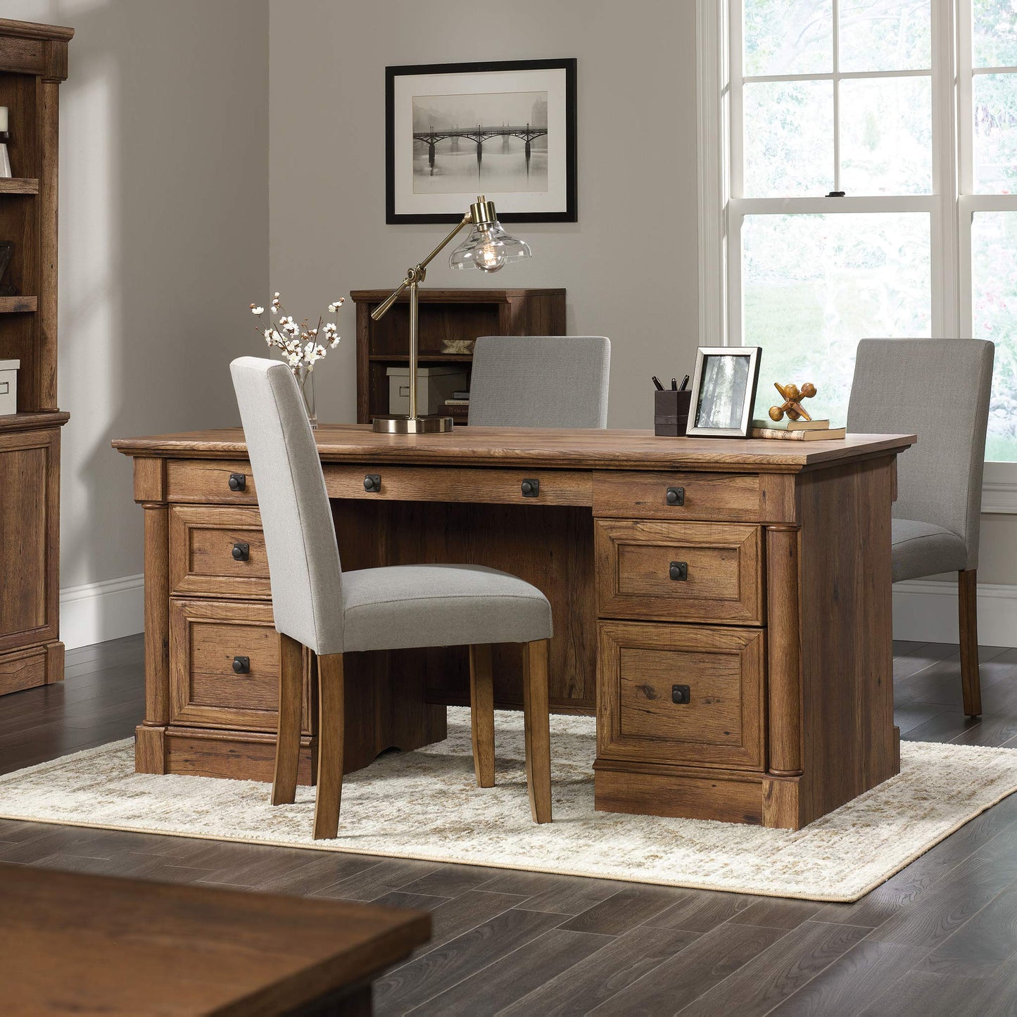 Sauder Palladia Executive Desk, 29.5"D x 65.1"W x 29.61"H, Vintage Oak finish