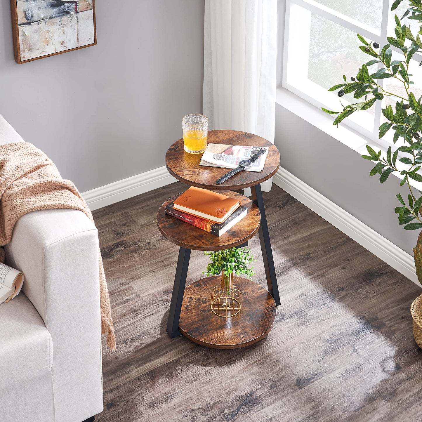 BEWISHOME Round End Table Side Table with Metal Frame, Accent Nightstand Bedside Table with 3-Tier Shelves, Small Couch Coffee Table for Living Room Bedroom Rustic Brown KTZ41Z