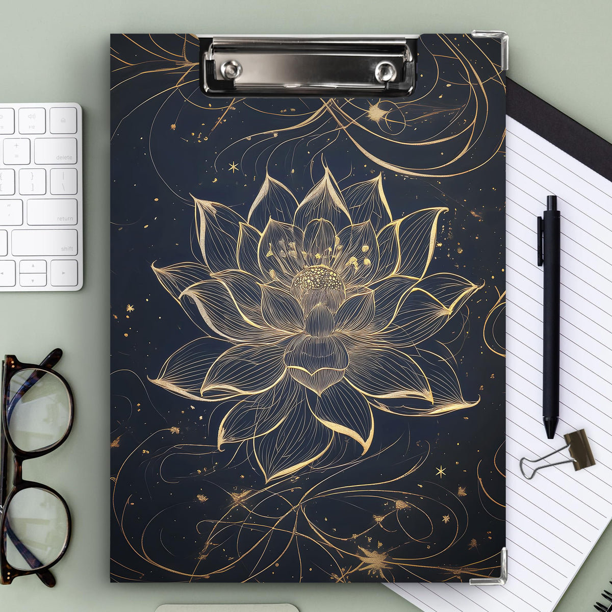 KU-DaYi Lotus Floral Clipboard Padfolio with Storage Pocket, Meditation Spiritual Lotus Flower Low Profile Clip Boards for Nurse Office Classroom, 12.4 x 9.25 in