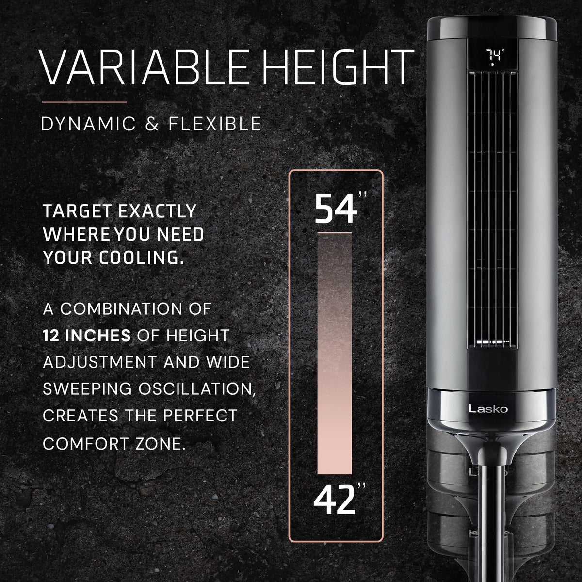 Lasko Elevation Adjustable Tower Fan 42”-54”, Pedestal Fan, 31 ft/s Airflow, Quiet 28 dB, 90° Oscillation, 12h Timer, Remote, Black, EST100