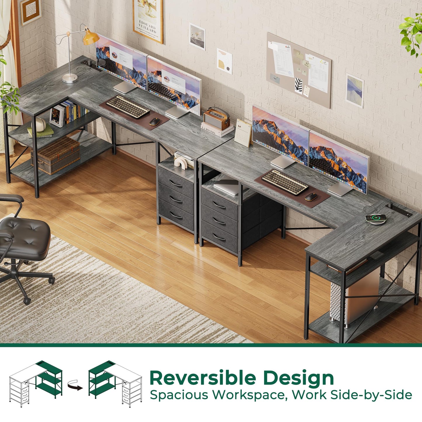 Huuger L Shaped Office Desk with Power Outlets, 55 Inch Computer Desk with 3 Drawers, Shelves, Reverisble for Gaming Corner Work Home Office Study, Grey