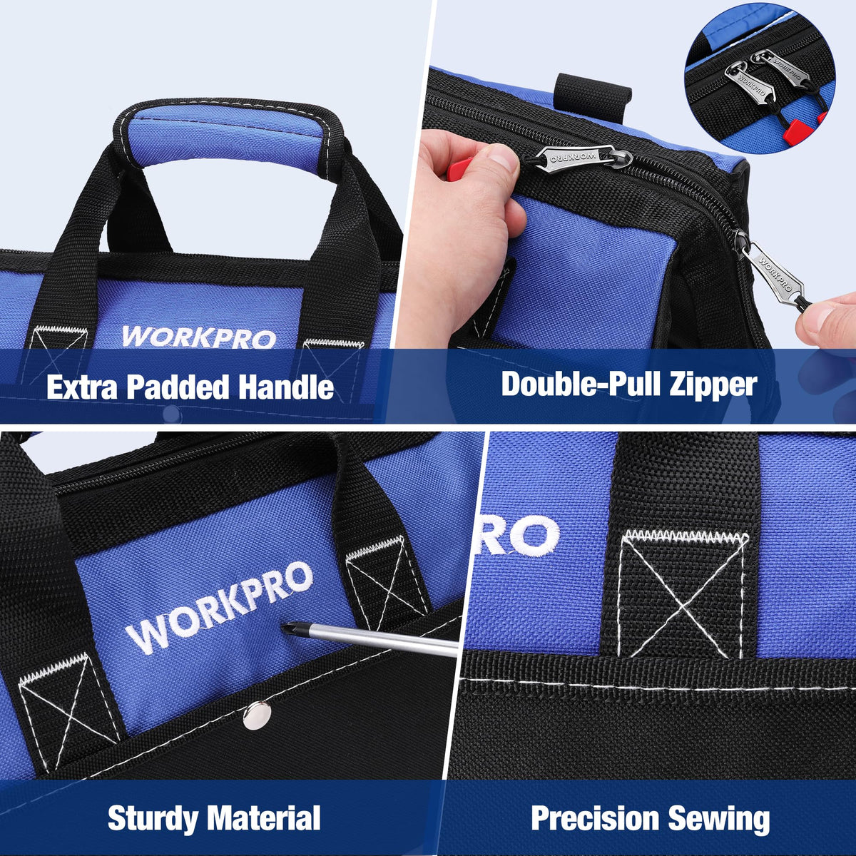 WORKPRO 13-inch Tool Bag, Wide Mouth Tool Tote Bag with Inside Pockets for Tool Storage