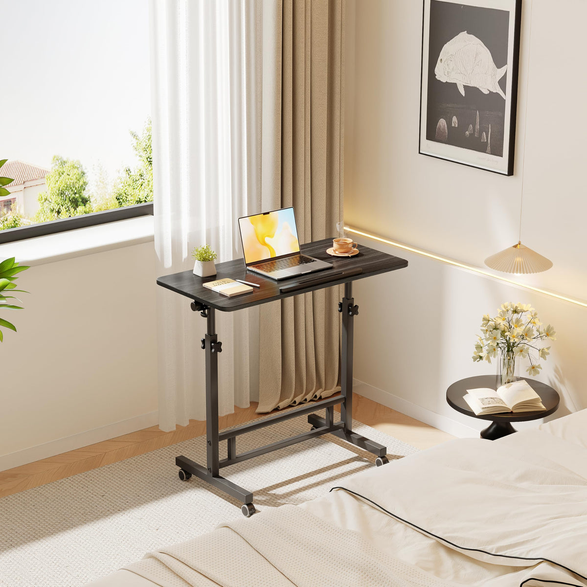 Furist Small Standing Desk Adjustable Height 32 Inch Mobile Sit Stand up Desk Portable Rolling with Wheels Standing for Walking pad Treadmill Black