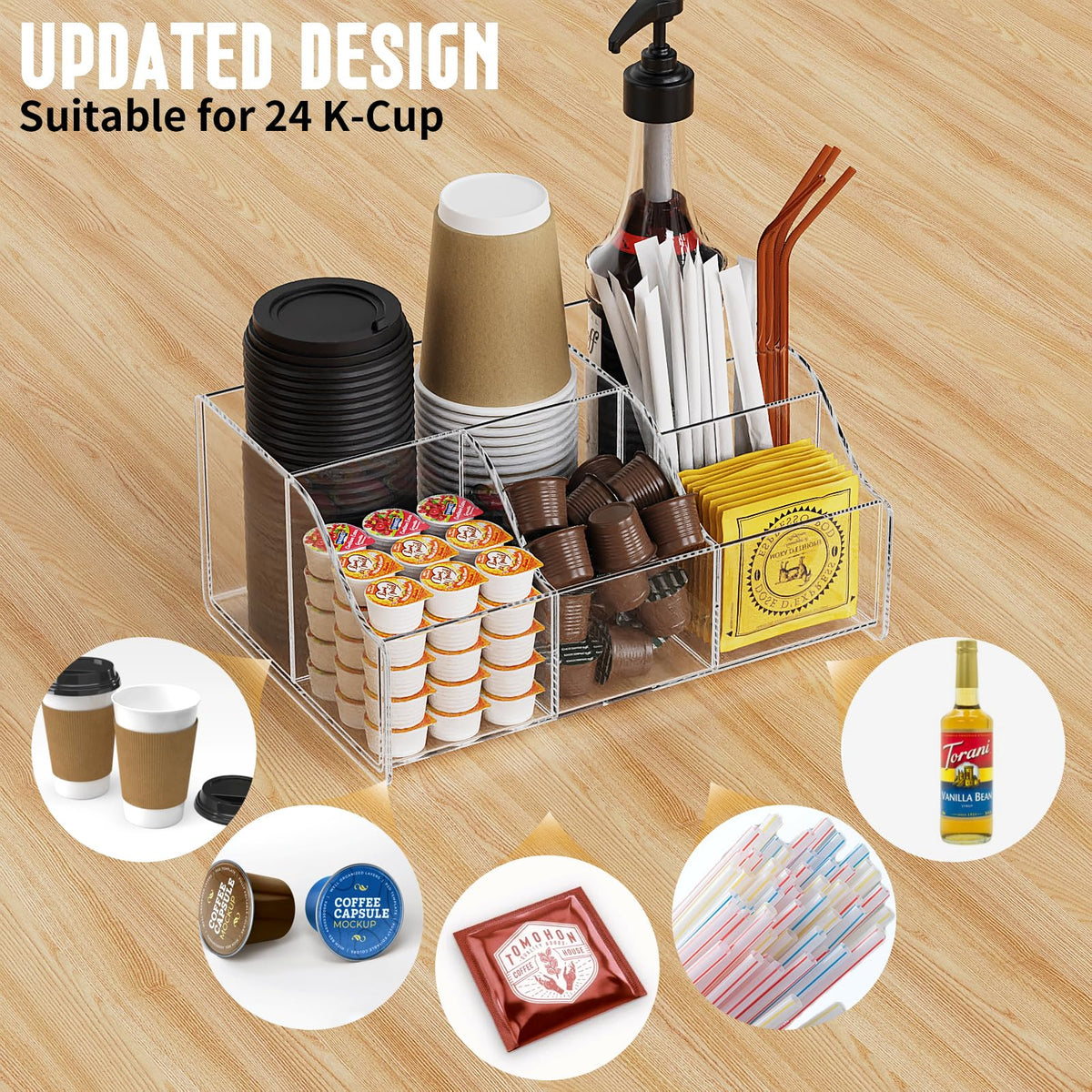 Upitry Acrylic Coffee Bar Organizer Station - Multiple Compartments - Kitchen Bar Tools Storage Rack - Beverage Station Organizer for Coffee Creamer Syrup