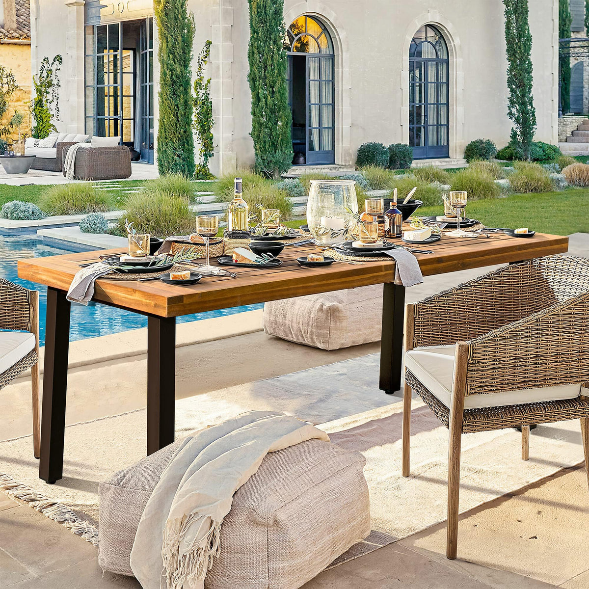 Devoko Home Acacia Wood Dining Table 6-Person Indoor Outdoor Table with Iron Legs, Sandblast Finish, Natural Stained, Rustic Metal, 69 * 33 * 30 inch (Natural)