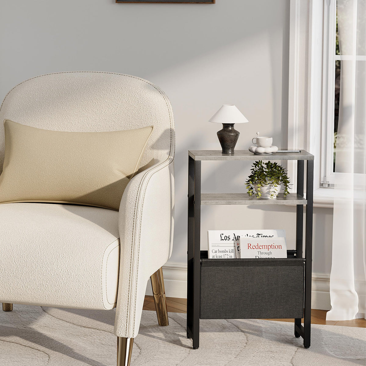 IRCPEN Narrow Side Table with Charging Station Slim End Table Sofa with Magazine Rack, Bedside Table for Small Spaces, 3 Tier Nightstand for Living Room Couch, Bedroom Oak Grey LET503QE