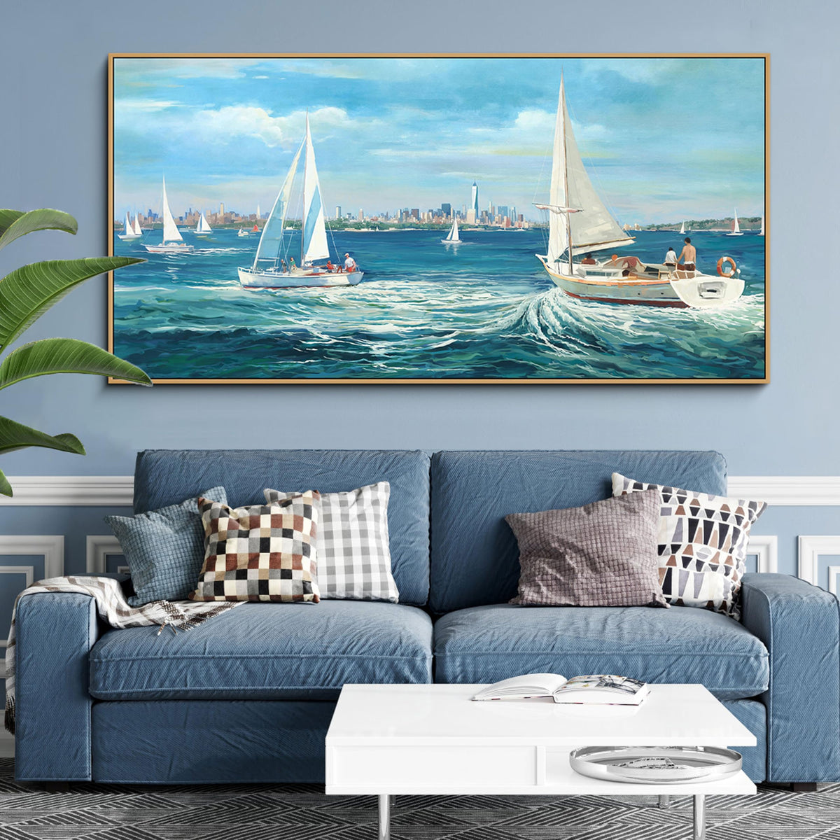XLSJERST Large Blue Canvas Wall Art Seascape Painting - Landscape Picture Textured Navy Modern Sailboat Ocean Artwork Framed for Living Room Bedroom Bathroom Home Office Wall Decor Large Size 29"x58"