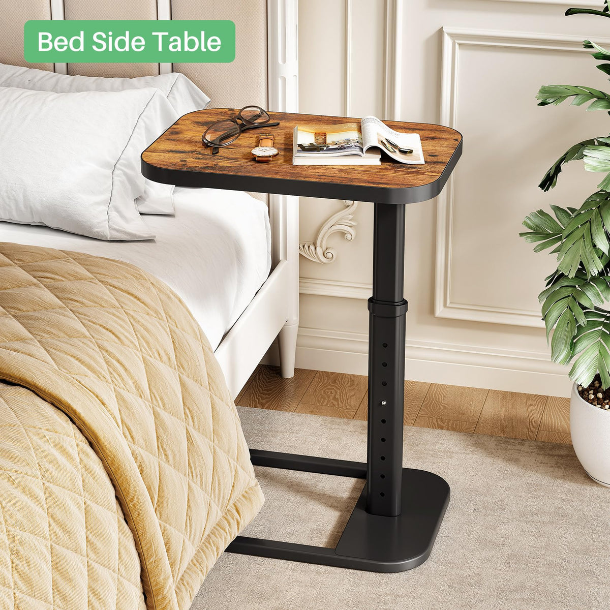 Kitstorack Adjustable Height C-Shaped End Table, 9-Level Side Table with Metal Rounded Edge, Couch Table that Slides Under Sofa or Bed for Eating, Working, and Drinks, TV Tray for Small Spaces, Brown