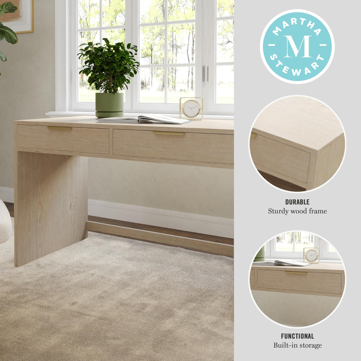 Martha Stewart Kayden Home Office Modular Desk with 2 Drawers in Light Natural with Brushed Gold Hardware