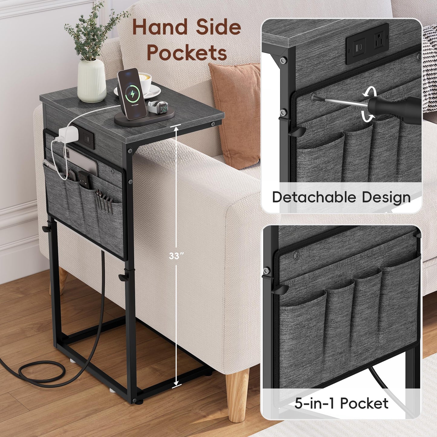 Vagusicc C Shaped End Table with Charging Station, 33" Tall Side Table for Couch, Sofa Table Adjustable Height Couch Side C Table, Slide Under Sofa Tray Table for Living Room Bedroom, Gray Walnut