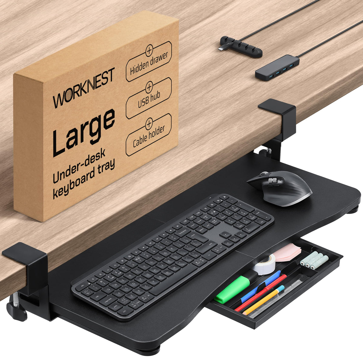 WORKNEST Keyboard Tray | Under Desk Keyboard Tray Slide Out w/Adjustable C-Clamps for Desks Up to 1.5-Inch-Thick | Clamp On Drawer with 1x USB-C to 4 USB-A Hub and 1x Five-Cable Management Organizer