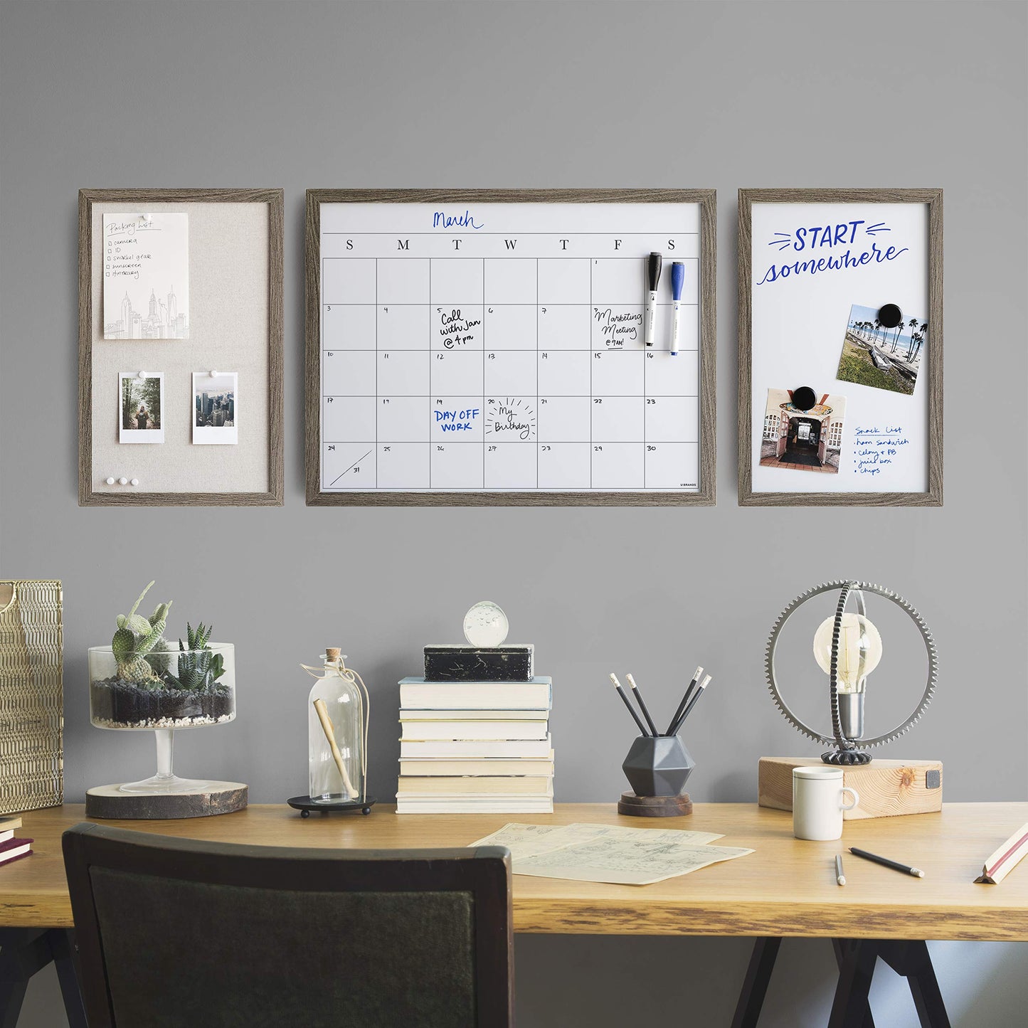 U Brands Organization Center Kit, Rustic Wood Frame, Includes Magnetic Dry Erase Calendar, Magnetic Whiteboard, Linen Bulletin Board, Along with 6 Pins, 4 Markers, and 4 Magnets (4835U00-01)