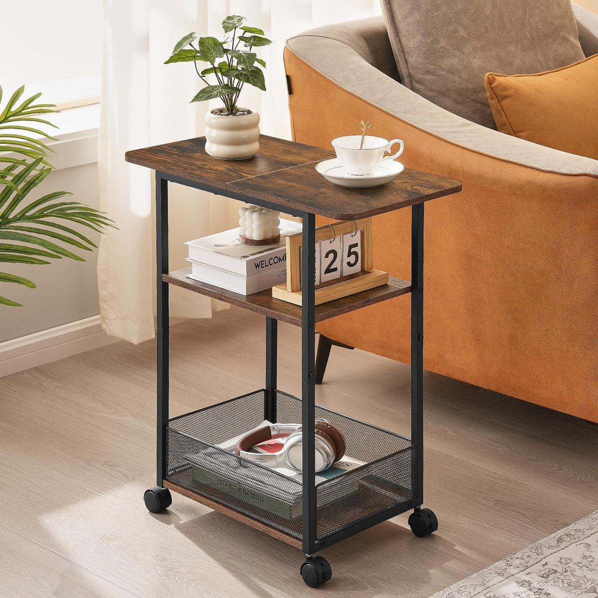 DALEMHOME Side Table with Wheels, Narrow Side Table with 3-Layer Storage Shelves, Slim Nightstand, Metal Frame, for Small Spaces, Living Room, Bedroom, 23.6" D x 11.8" W x 25.2" H, Rustic Brown