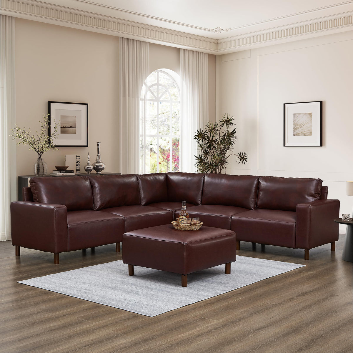 KEIKI PU Leather Sectional Couch Sofa Set with Ottoman, Luxury 6 Seater U-Shaped Sleeper Cloud Couches Bed, Comfy Modular Convertible L-Shaped Sofabed for Office Living Room, Easy Assembly, Burgundy