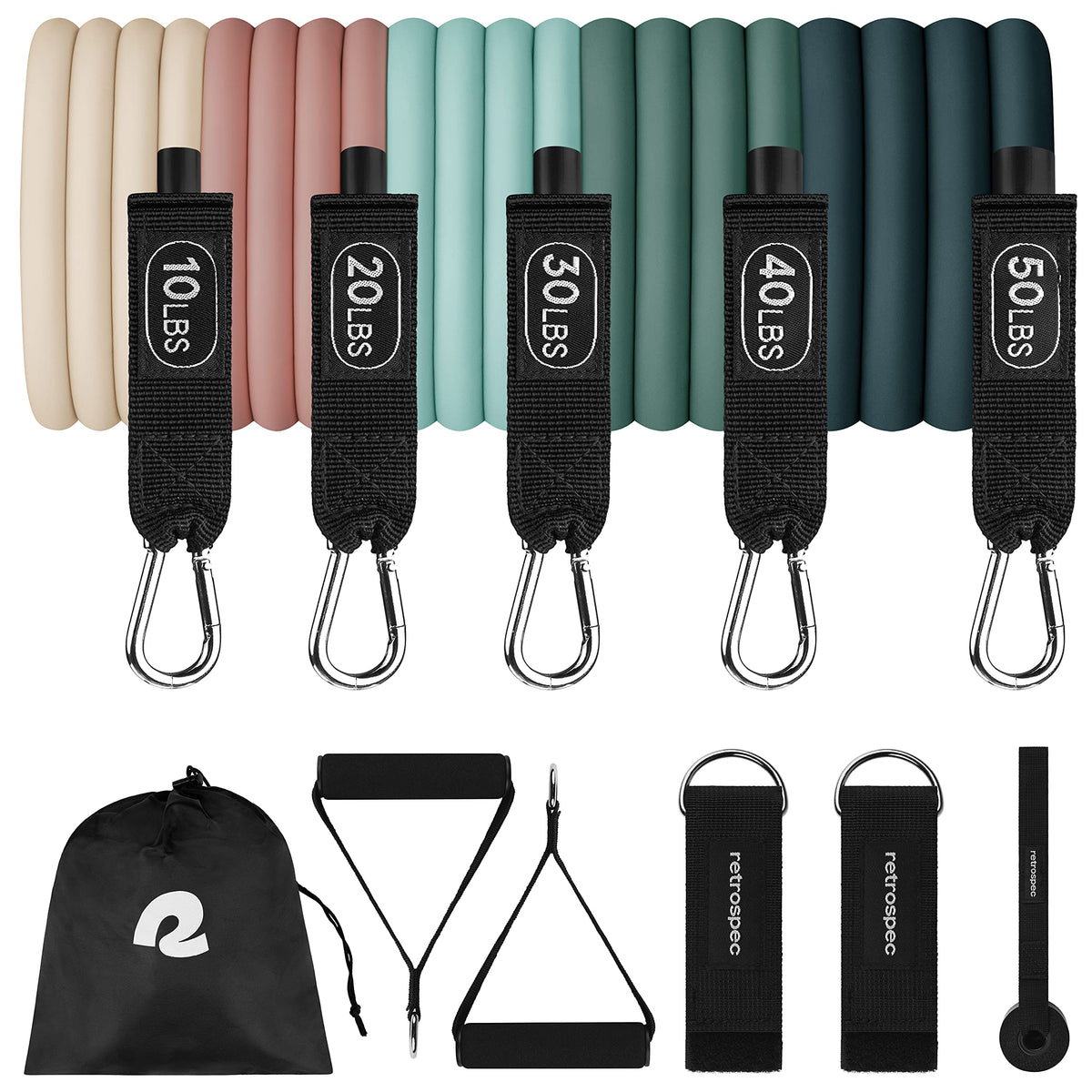 Retrospec Train Resistance Bands Set for Working Out - 5 Stackable Bands, Handles & Door Anchor - Portable Fitness Equipment for Physical Therapy & Yoga Includes Carry Bag